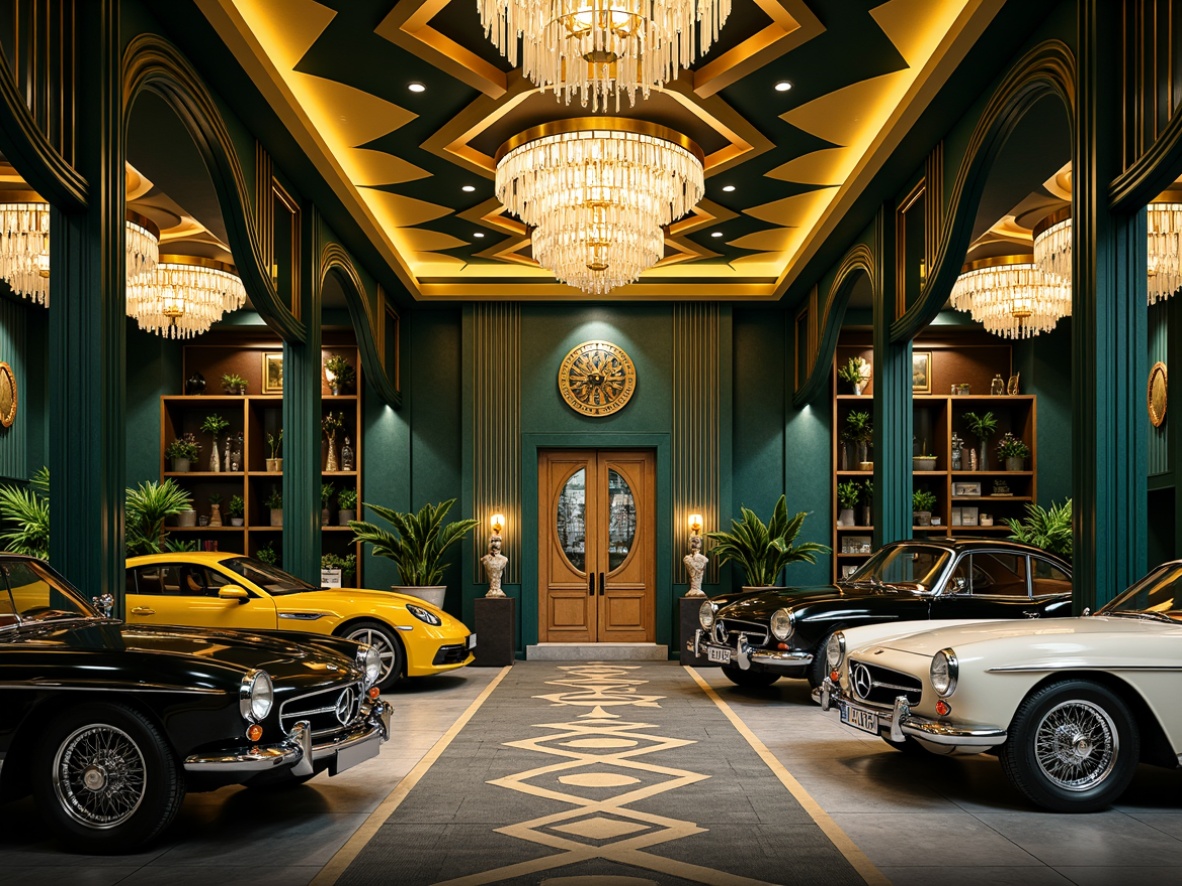 Prompt: Art Deco family garage, bold geometric patterns, metallic accents, luxurious materials, rich jewel tones, emerald green, navy blue, chrome yellow, ornate details, fluted columns, chevron motifs, zigzag designs, curved lines, opulent chandeliers, glossy black surfaces, polished bronze fixtures, vintage car displays, sleek modern vehicles, dramatic spotlights, warm golden lighting, shallow depth of field, 1/1 composition, symmetrical framing.