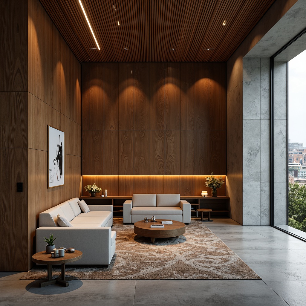 Prompt: Luxurious interior space, high-end material finishes, rich wood textures, polished metal accents, velvety soft fabrics, sleek glass surfaces, matte concrete walls, warm ambient lighting, 3/4 composition, shallow depth of field, realistic reflections, intricate patterns, modern minimalist decor, elegant color palette, sophisticated atmosphere.