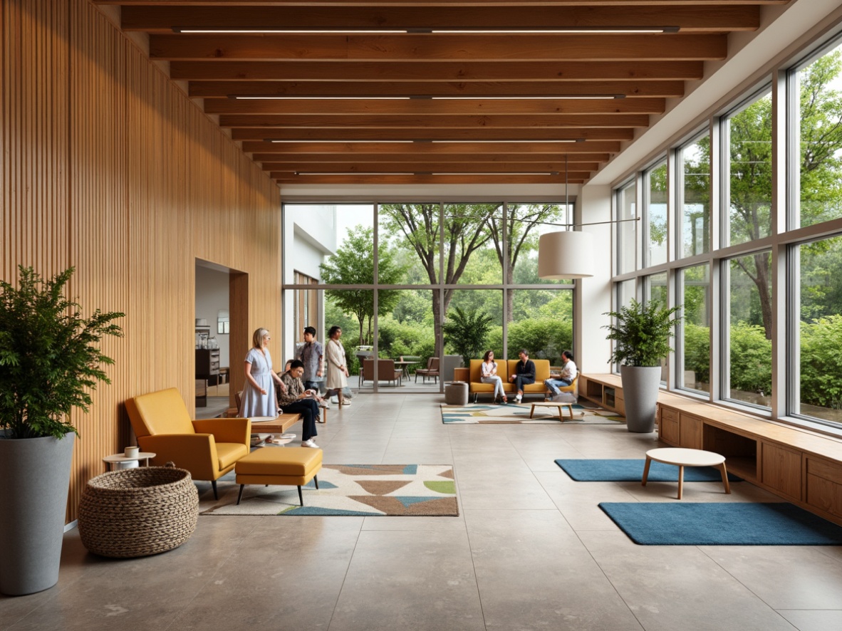 Prompt: Mid-century modern healthcare center, minimalist decor, natural wood tones, clean lines, organic shapes, comfortable seating areas, ergonomic chairs, sleek metal frames, bold color accents, geometric patterned rugs, abundant greenery, floor-to-ceiling windows, warm ambient lighting, 1/1 composition, soft focus, realistic textures.