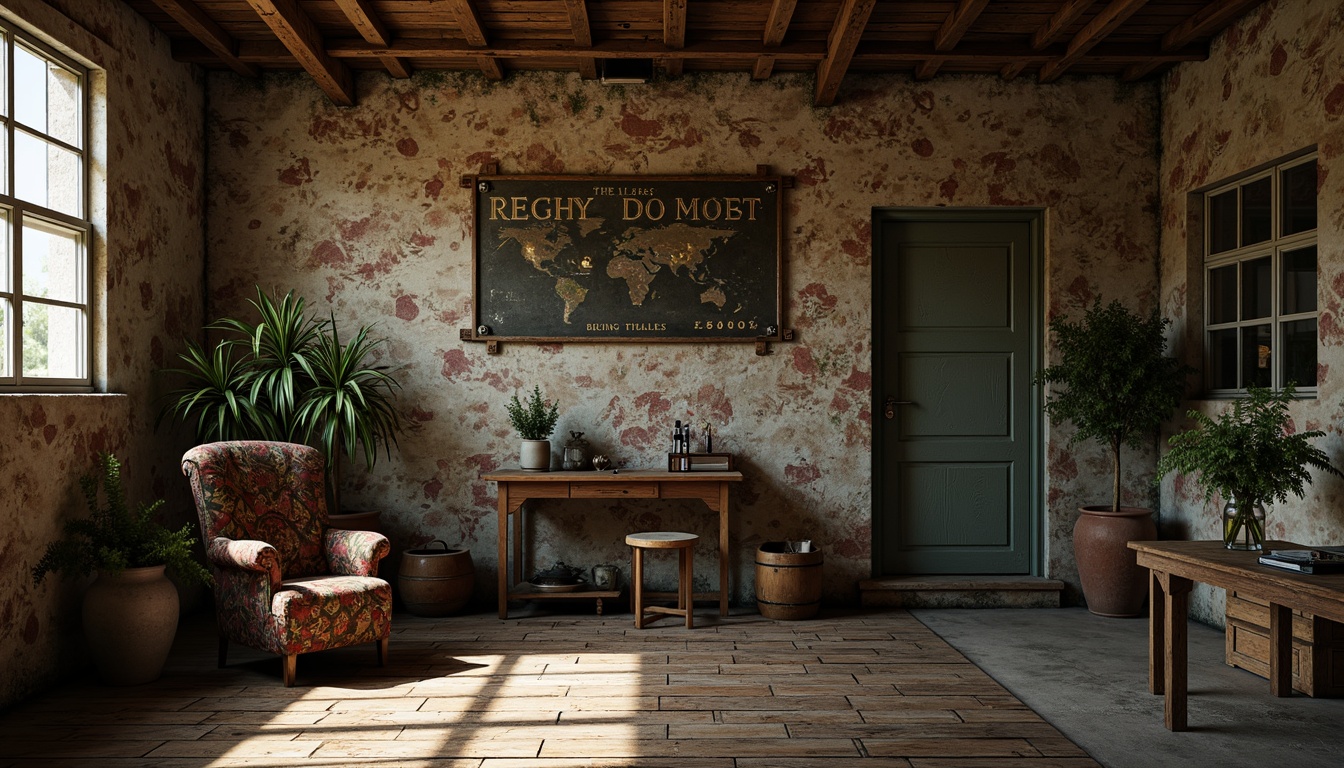 Prompt: Rustic wooden planks, distressed metal panels, rugged stone walls, intricate brick patterns, moss-covered surfaces, weathered concrete floors, peeling paint textures, vintage signage, antique furniture pieces, dimly lit atmosphere, soft warm lighting, shallow depth of field, 1/1 composition, realistic reflections, ambient occlusion.