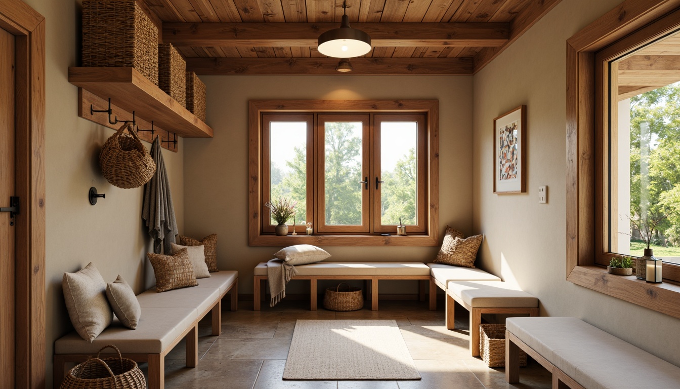 Prompt: Cozy mudroom, earthy tones, warm beige walls, rich wood accents, natural stone floors, woven baskets, rustic metal hooks, comfortable benches, soft cushions, warm overhead lighting, calming atmosphere, 3/4 composition, shallow depth of field, realistic textures, ambient occlusion.