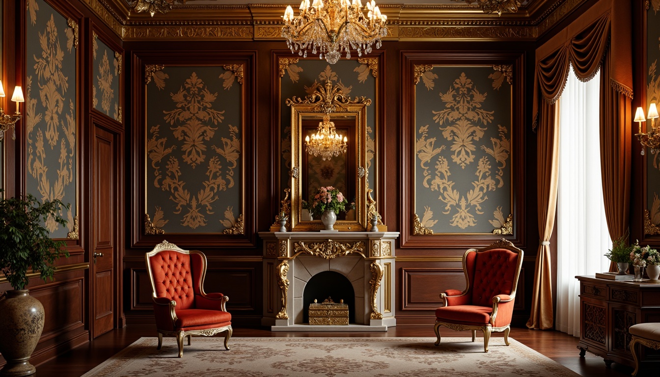 Prompt: Ornate velvet armchairs, gilded wooden frames, intricately carved details, luxurious silk fabrics, rich jewel-toned colors, opulent chandeliers, grandiose drapery, lavish tapestries, antique bronze hardware, ornamental mirrors, refined marble accents, curved lines, symmetrical compositions, warm golden lighting, dramatic shadows, 1/2 composition, intimate scale, cozy atmosphere.