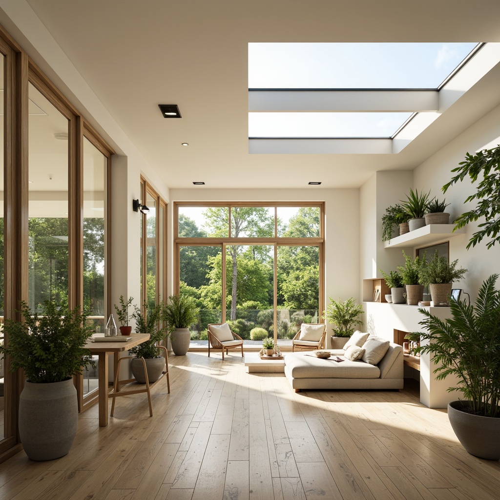 Prompt: Vibrant living room, floor-to-ceiling windows, sliding glass doors, minimal window frames, clerestory windows, skylights, bright interior spaces, reflective surfaces, polished wooden floors, creamy white walls, airy atmosphere, lush greenery, potted plants, natural textures, warm beige tones, soft diffused lighting, 1/2 composition, shallow depth of field, realistic rendering.