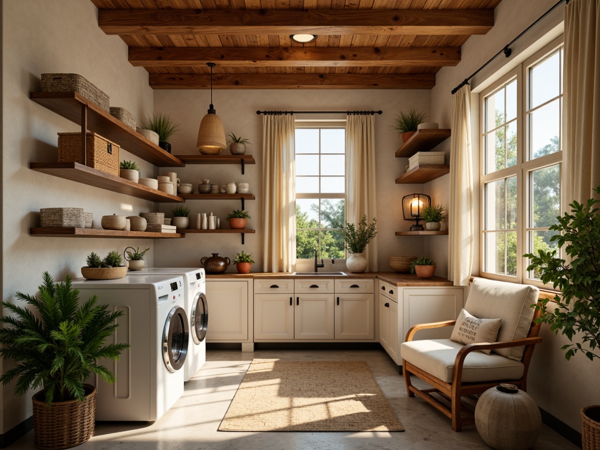 Prompt: Cozy laundry room, rustic craftsman style, wooden accents, warm beige tones, soft cream colors, vintage metal lanterns, pendant lighting, task lamps, natural linen fabrics, woven baskets, distressed wood shelves, earthy terracotta pots, lush green plants, warm golden lighting, softbox shadows, 1/2 composition, intimate atmosphere, realistic textures, ambient occlusion.