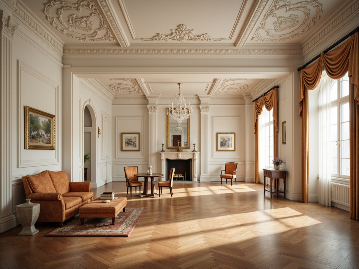 Prompt: Elegant neoclassical interior, ornate molding details, creamy white walls, richly polished wood floors, intricate carvings, gilded accents, refined furniture silhouettes, velvet drapes, crystal chandeliers, subtle natural light, soft warm ambiance, shallow depth of field, 2/3 composition, realistic textures, ambient occlusion.