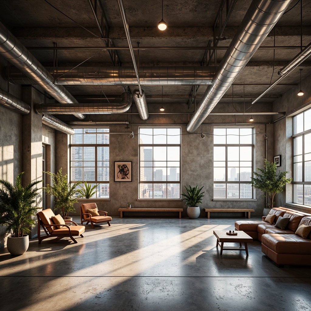 Prompt: Industrial chic interior, exposed ductwork, polished concrete floors, corrugated metal accents, modern minimalist decor, reclaimed wood furniture, sleek low-profile lighting, urban loft atmosphere, natural light pouring in, airy open space, 1/2 composition, soft warm glow, realistic metallic reflections.