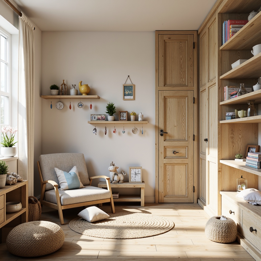 Prompt: Whimsical kids' room, vernacular style, natural wood accents, distressed finishes, soft pastel colors, playful polka dots, gentle textures, rustic wooden furniture, vintage-inspired decor, eclectic accessories, cozy reading nooks, warm task lighting, 1/2 composition, shallow depth of field, realistic rendering.