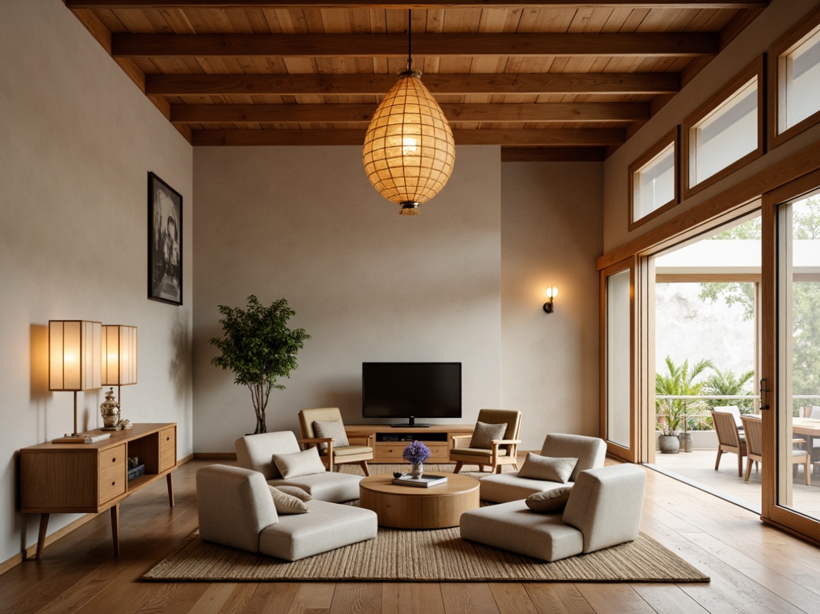 Prompt: Minimalist Japanese living room, low-seating tatami chairs, natural wood accents, paper lanterns, shoji screens, sliding doors, woven bamboo textiles, neutral color palette, subtle patterns, traditional Japanese motifs, serene ambiance, warm soft lighting, 1/1 composition, realistic textures, ambient occlusion.