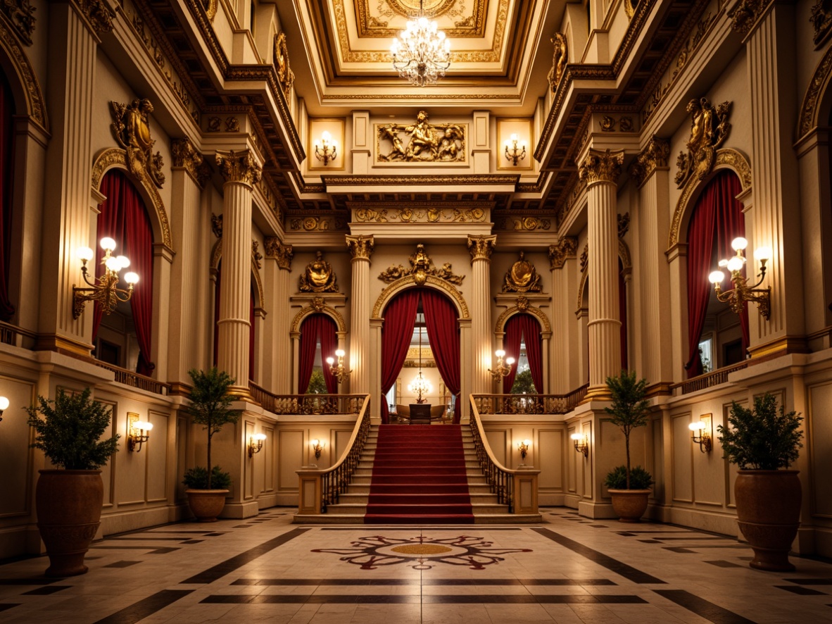 Prompt: Grand opera house, neoclassical architecture, ornate columns, Corinthian capitals, intricate carvings, marble flooring, grand staircase, red velvet curtains, golden chandeliers, majestic high ceilings, symmetrical composition, classical proportions, ornate moldings, sculpted figures, dramatic spotlights, warm golden lighting, shallow depth of field, 1/2 composition, frontal view.