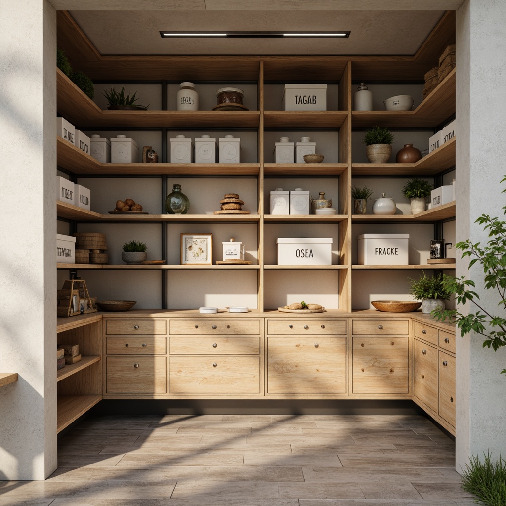 Prompt: Clean pantry space, minimalist shelving, wooden crates, simple labelling, monochromatic color scheme, ample natural light, warm beige tones, sleek metal accents, industrial-style lighting, open storage concept, rustic wood textures, subtle shadows, 1/1 composition, soft diffused lighting, realistic reflections.