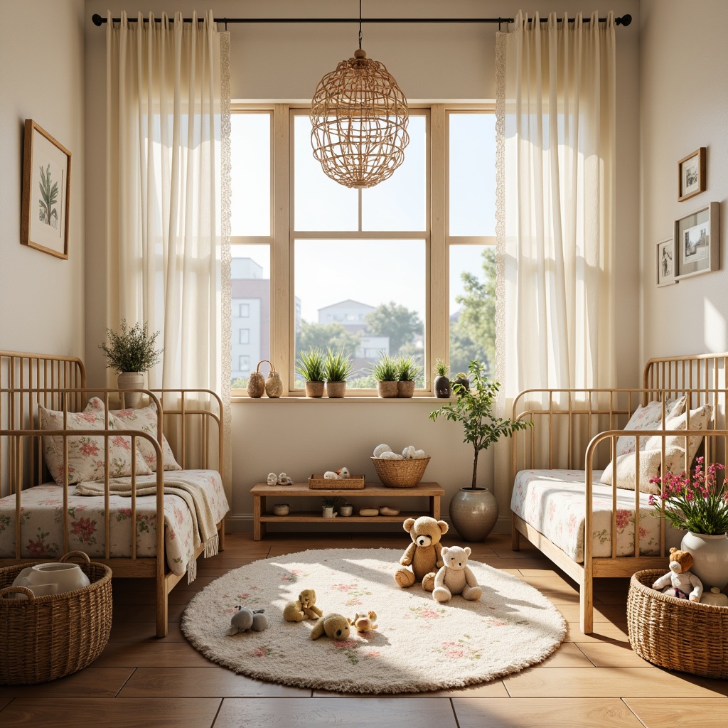 Prompt: Whimsical baby nursery, soft pastel colors, distressed wood furniture, vintage-inspired toys, plush area rugs, delicate lace curtains, creamy white walls, natural woven baskets, adorable stuffed animals, antique metal cribs, floral patterned bedding, warm golden lighting, shallow depth of field, 1/1 composition, cozy reading nook, realistic textures, ambient occlusion.