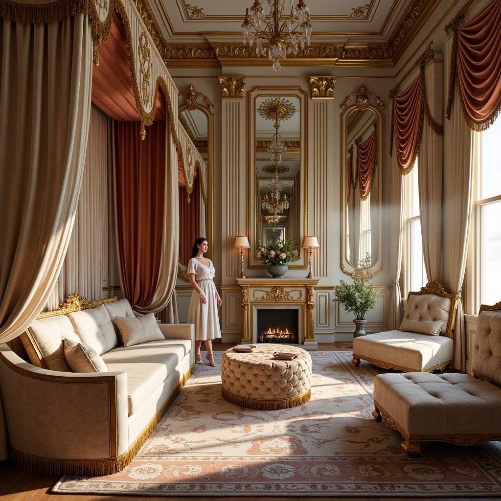 Prompt: Opulent palace interior, lavish furnishings, intricately patterned fabrics, velvet drapes, golden embroidery, delicate lace trimmings, ornate mirrors, crystal chandeliers, gilded moldings, soft pastel hues, feminine silhouettes, curvaceous lines, luxurious upholstery, tufted ottomans, tassel accents, richly adorned canopies, dramatic lighting, 1/1 composition, shallow depth of field, warm color palette, realistic textures.