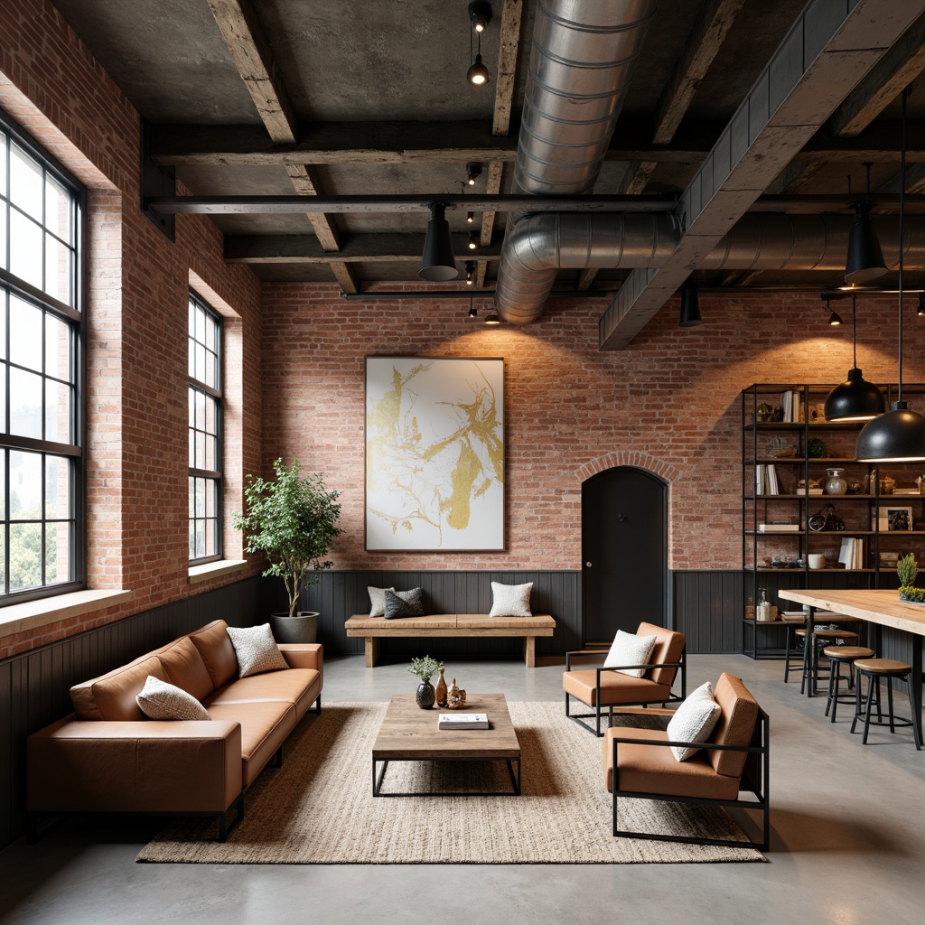 Prompt: Exposed brick walls, metal beams, reclaimed wood accents, industrial chic decor, distressed leather sofas, metal frame coffee tables, vintage factory lamps, concrete floors, minimalist modern chairs, sleek steel appliances, urban loft atmosphere, natural textiles, earthy color palette, abstract art pieces, exposed ductwork, functional shelving units, raw wood benches, industrial-style lighting fixtures, modern geometric patterns, monochromatic color scheme.