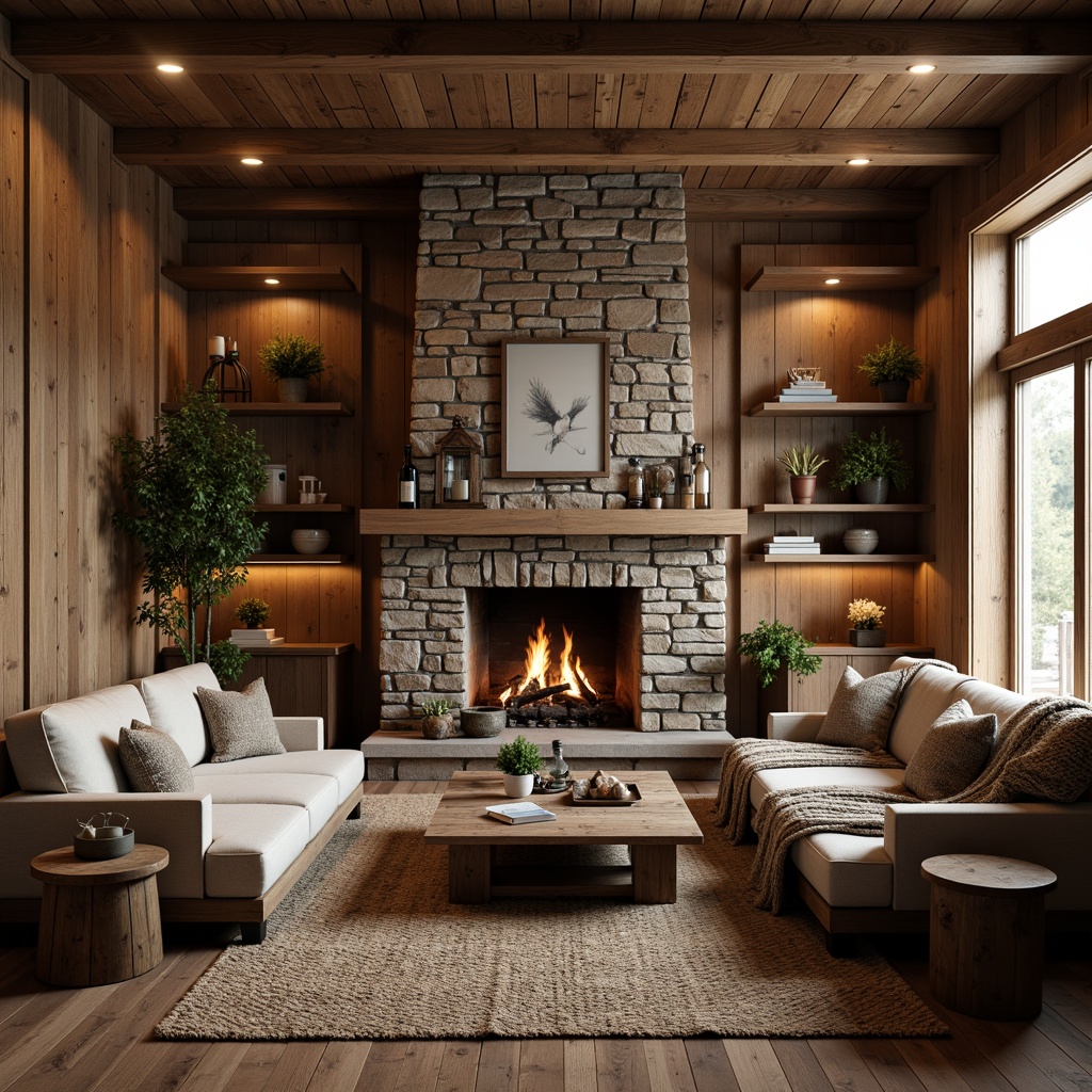 Prompt: Rustic family room, wooden accent walls, distressed wood planks, earthy color palette, stone fireplace, vintage furniture, woven textiles, natural fiber rugs, chunky throw blankets, reclaimed wood coffee table, metal lanterns, warm candlelight, cozy seating area, rustic wooden ceiling, exposed beams, soft warm lighting, 1/2 composition, intimate atmosphere, realistic textures, ambient occlusion.