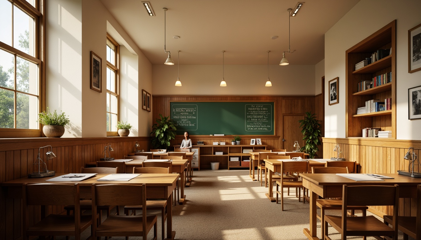 Prompt: Warm traditional school interior, wooden desks, comfortable chairs, soft warm lighting, table lamps, pendant lights, creamy white walls, rich wood tones, classic chalkboards, green blackboards, motivational quotes, framed artwork, cozy reading nooks, plush carpets, natural fiber rugs, earthy color palette, subtle texture variations, realistic material finishes, moderate depth of field, 1/2 composition, slight vignette effect.