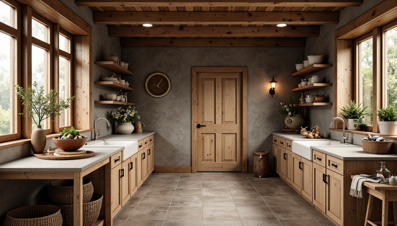 Prompt: Rustic laundry room, wooden cabinetry, distressed finishes, vintage hardware, earthy color palette, natural stone countertops, butcher block islands, apron-front sinks, woven baskets, potted plants, soft warm lighting, 1/1 composition, shallow depth of field, realistic textures, ambient occlusion.