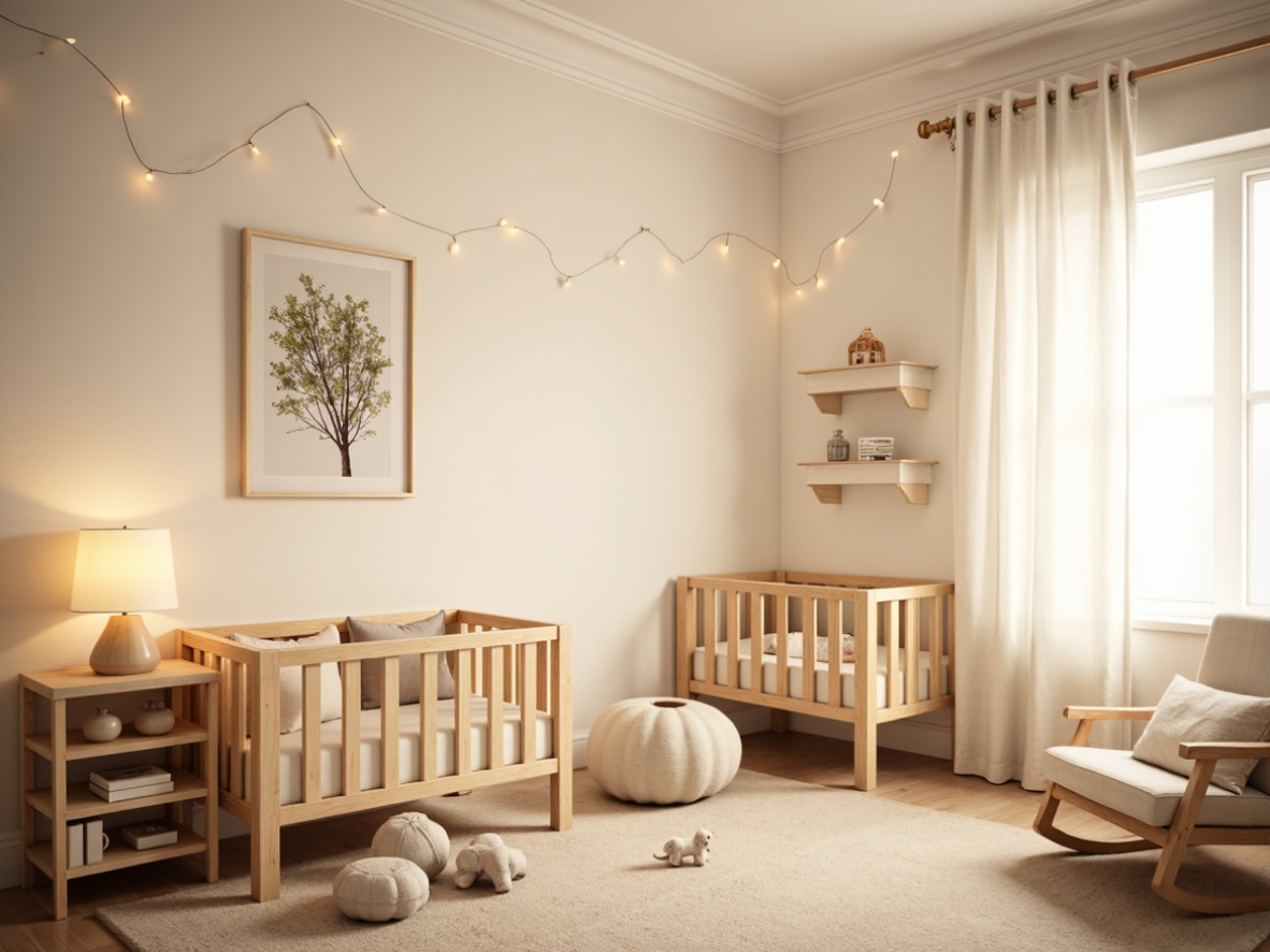 Prompt: Soft warm glow, gentle illumination, creamy white walls, minimal decor, simple furniture, natural wood accents, soft pastel colors, cozy atmosphere, calming ambiance, floor lamps, table lamps, string lights, sheer curtains, light beige carpets, minimalist shelving units, simple cribs, soft toys, comfortable gliders, peaceful environment, warm beige tones, subtle texture contrasts, shallow depth of field, 1/1 composition, soft focus effect.