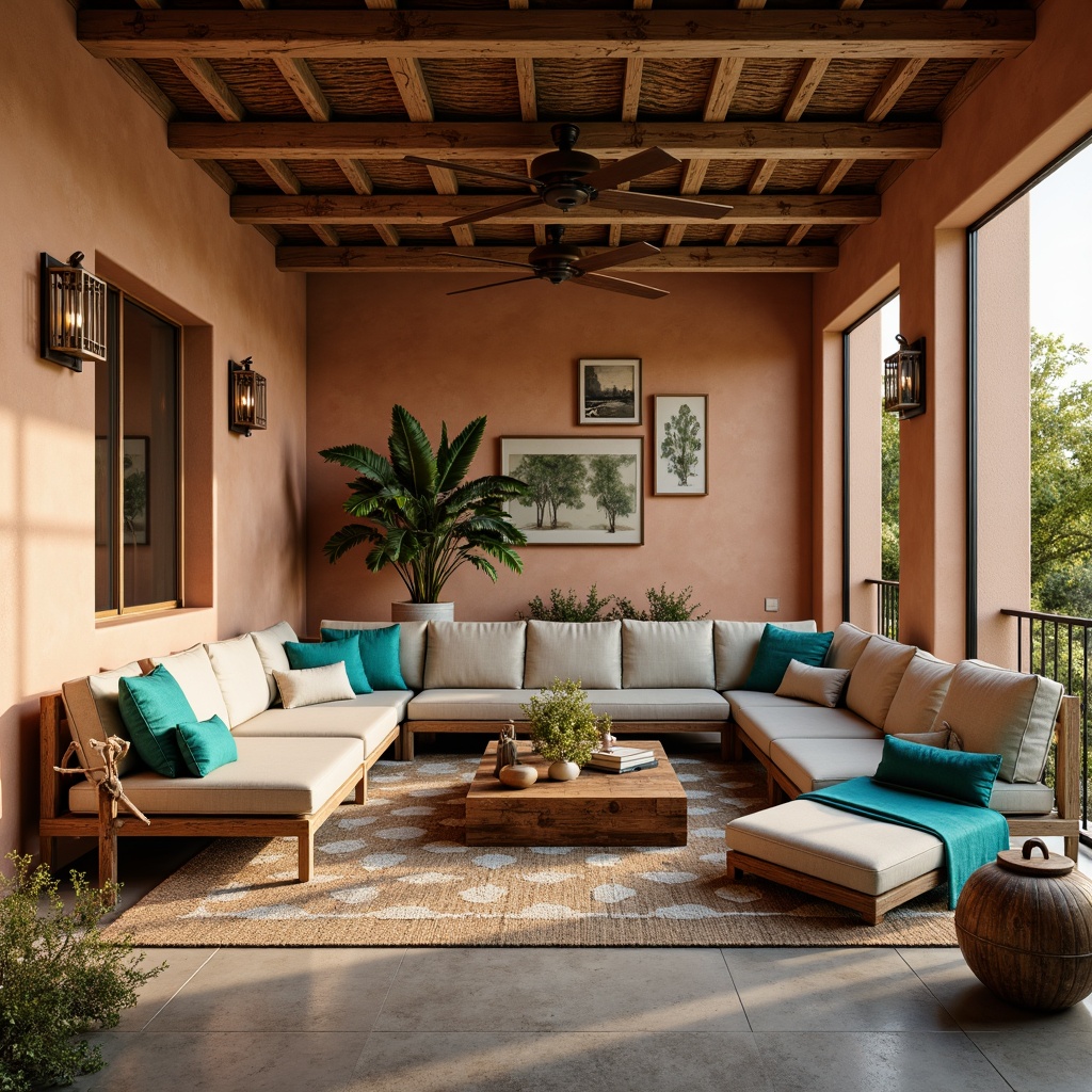 Prompt: Southwestern-style living room, earthy tone walls, wooden beams, natural stone flooring, vibrant turquoise accents, rustic metal decorations, plush textiles, woven baskets, cacti plants, geometric patterned rugs, comfortable sectional sofas, reclaimed wood coffee tables, modern minimalist lighting fixtures, warm golden lighting, shallow depth of field, 1/1 composition, realistic textures, ambient occlusion.