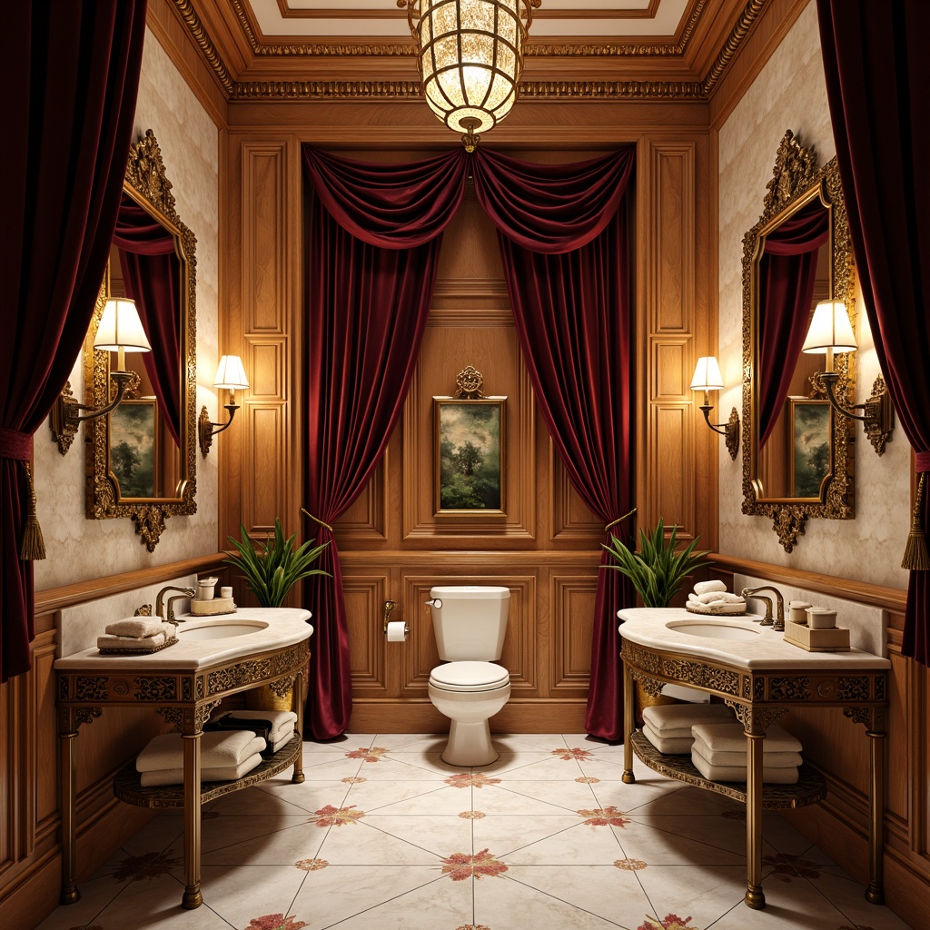 Prompt: Opulent powder room, lavish ornamentation, curved lines, flowing organic forms, ornate mirrors, delicate filigree, intricate moldings, soft warm lighting, plush velvet drapes, rich jewel-toned colors, luxurious marble countertops, decorative ceramic tiles, antique bronze fixtures, floral patterns, elegant furnishings, beveled glass doors, refined wood paneling, subtle aromas, intimate ambiance, shallow depth of field, 1/1 composition, realistic textures, ambient occlusion.