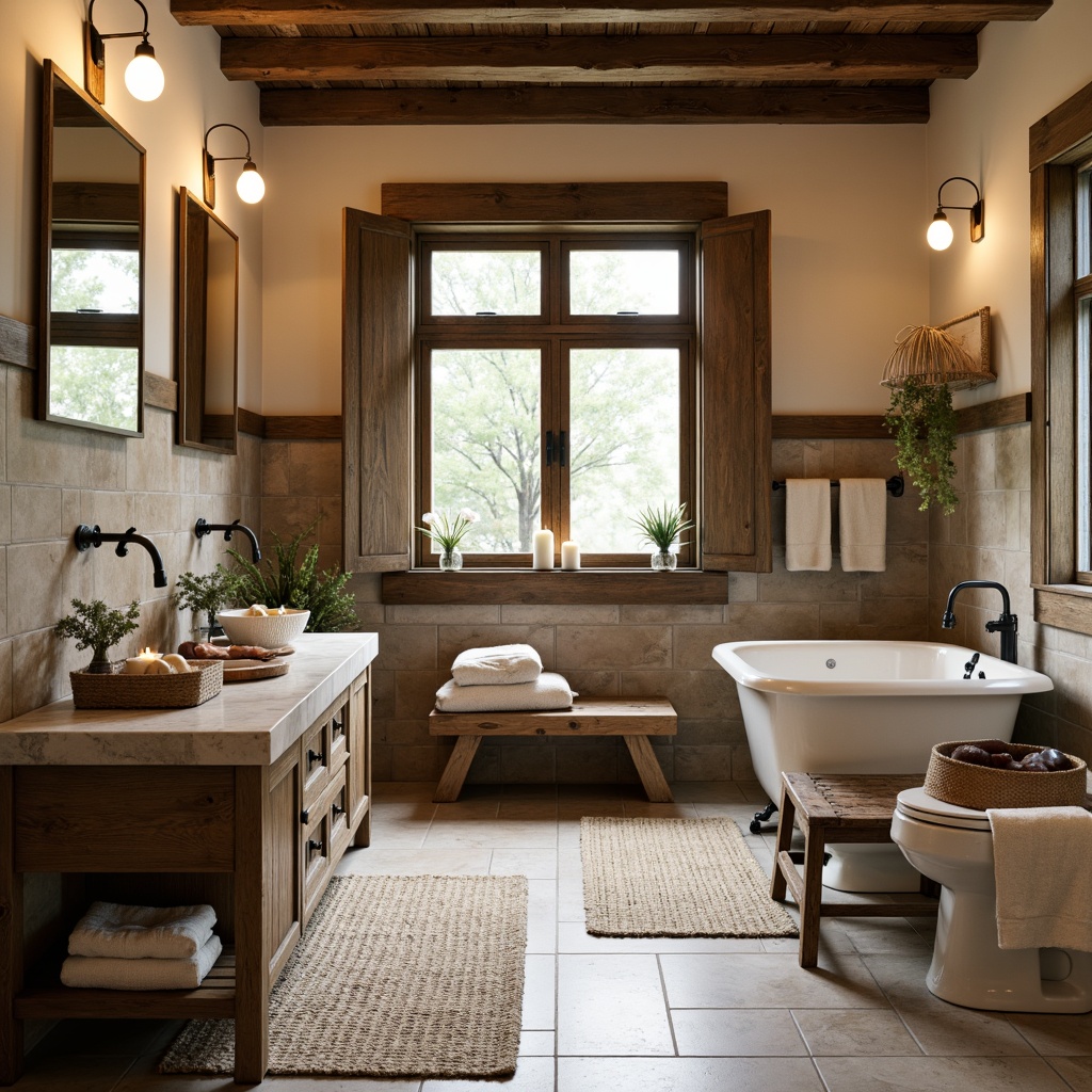 Prompt: Rustic bathroom, reclaimed wood accents, natural stone walls, earthy tones, woven baskets, vintage metal fixtures, distressed wooden cabinets, linen textiles, burlap fabrics, jute rugs, woven fibers, nature-inspired patterns, soft warm lighting, rustic metallic frames, wooden shutters, country-style decor, cozy ambiance, warm beige colors, natural materials, organic textures.