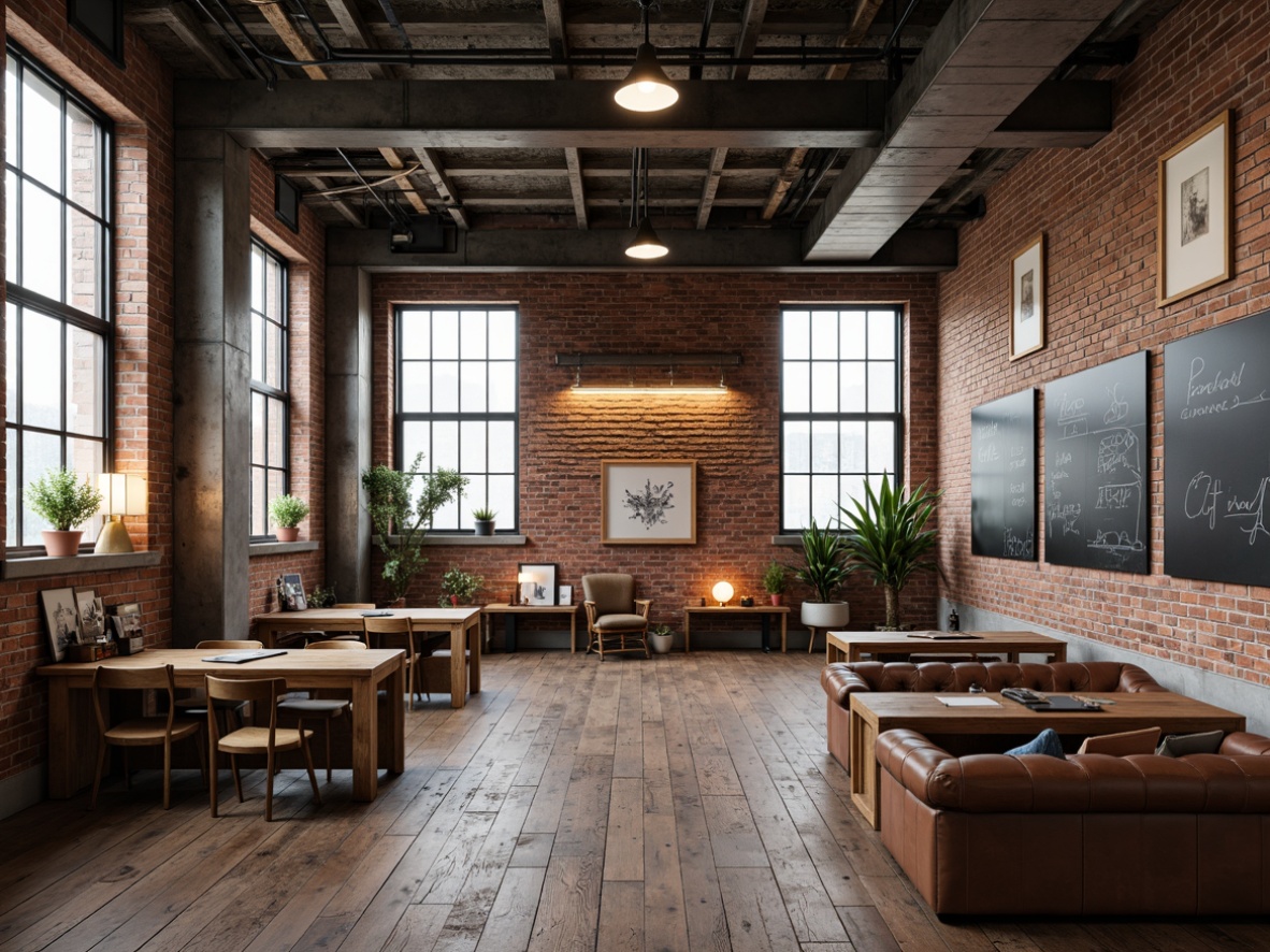 Prompt: Exposed brick walls, metal beams, reclaimed wood flooring, industrial lighting fixtures, vintage factory equipment, distressed leather furniture, urban loft ambiance, academic-inspired decorative elements, classic blackboards, wooden desks, metal chairs, modern minimalist decor, neutral color palette, natural textiles, concrete columns, steel windows, industrial-style lamps, abstract artwork, eclectic decorative accents, cozy reading nooks, warm task lighting, 3/4 composition, shallow depth of field, realistic textures.