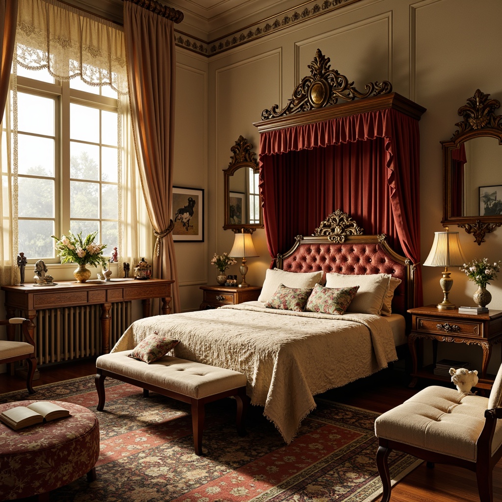 Prompt: Richly ornamented four-poster bed, plush velvet upholstery, intricately carved wooden furniture, ornate mirrors, lace curtains, soft golden lighting, warm beige walls, antique toys, vintage books, floral patterns, curved lines, luxurious fabrics, tufted ottoman, delicate porcelain vases, nostalgic color palette, whimsical illustrations, gentle morning light, 1/2 composition, shallow depth of field, realistic textures.