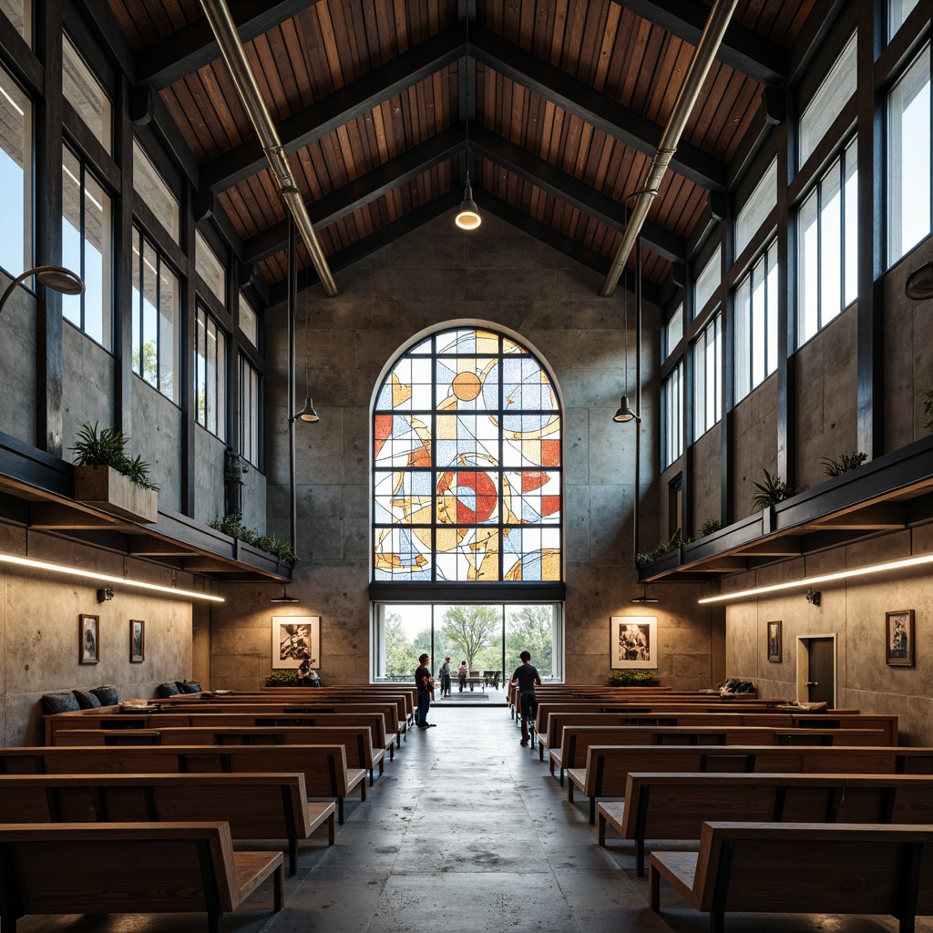 Prompt: Modern industrial chapel, exposed steel beams, reclaimed wood accents, minimalist pews, urban loft aesthetic, high ceilings, clerestory windows, natural light pouring in, brutalist concrete walls, metallic pipes, functional simplicity, open floor plan, communal gathering space, abstract stained glass art, geometric patterns, moody ambient lighting, dramatic shadows, 3/4 composition, symmetrical framing, realistic textures, subtle atmospheric effects.