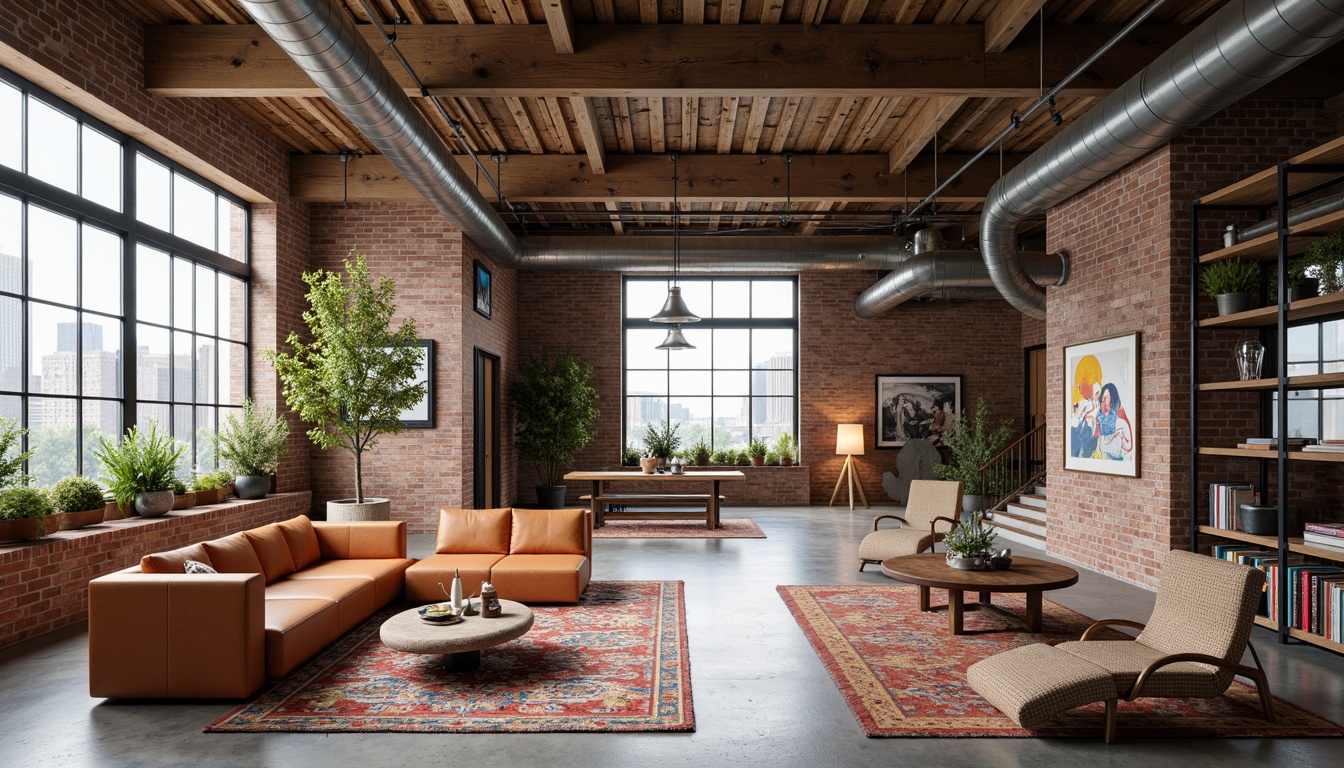 Prompt: Industrial chic interior, exposed brick walls, polished concrete floors, steel beams, wooden accents, modern minimalist decor, floor-to-ceiling windows, abundant natural light, open space concept, loft-style layout, functional modular furniture, cozy reading nooks, eclectic art pieces, vibrant colorful rugs, comfortable plush sofas, industrial-style lighting fixtures, metal shelving units, reclaimed wood coffee tables, earthy tone color palette, soft warm ambiance, 1/1 composition, realistic textures, ambient occlusion.