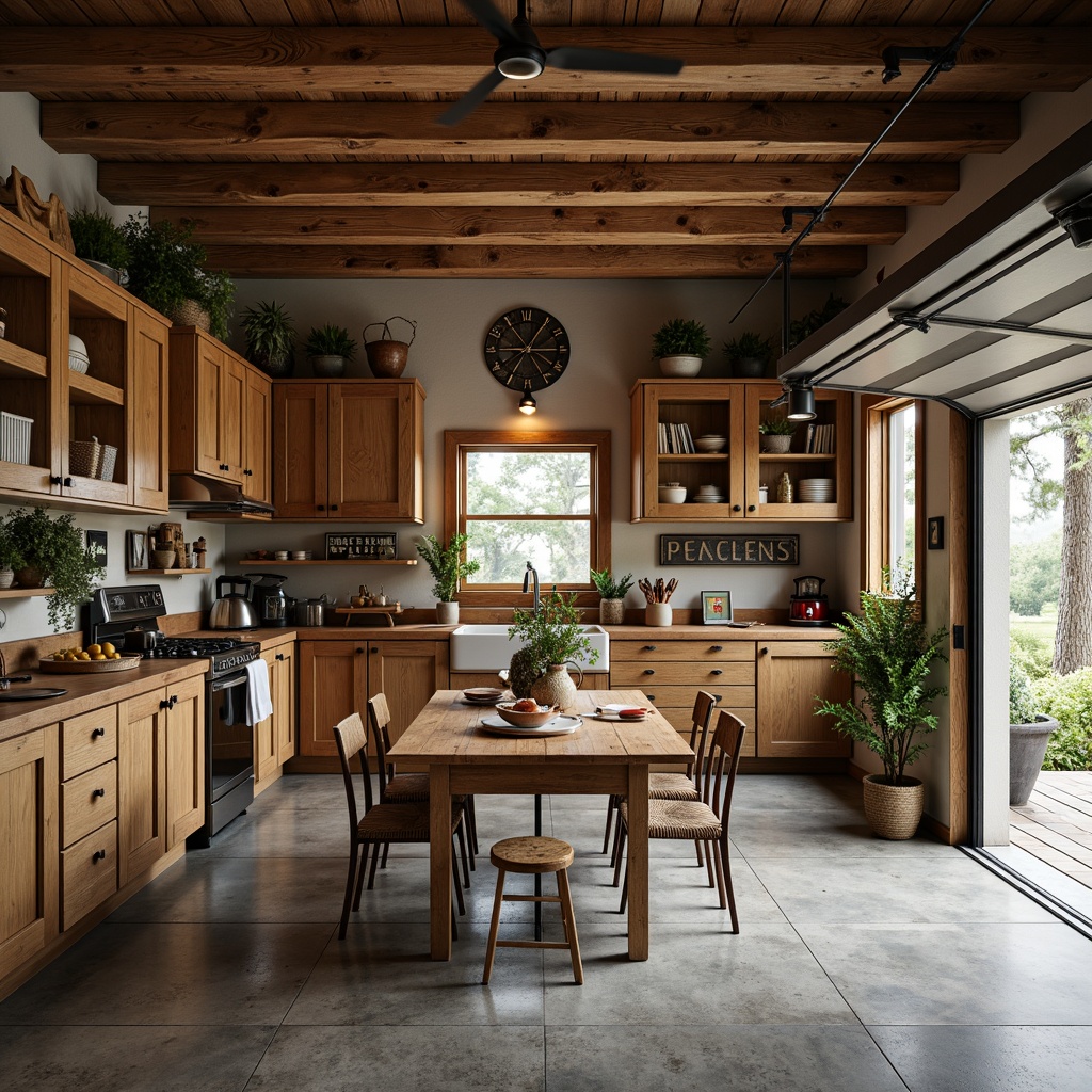 Prompt: Cozy family garage, traditional rustic style, wooden accents, vintage metal signs, distressed finishes, earthy color palette, natural stone flooring, wooden cabinets, modern storage systems, sleek shelving units, overhead storage racks, sliding barn doors, warm soft lighting, shallow depth of field, 3/4 composition, realistic textures, ambient occlusion.