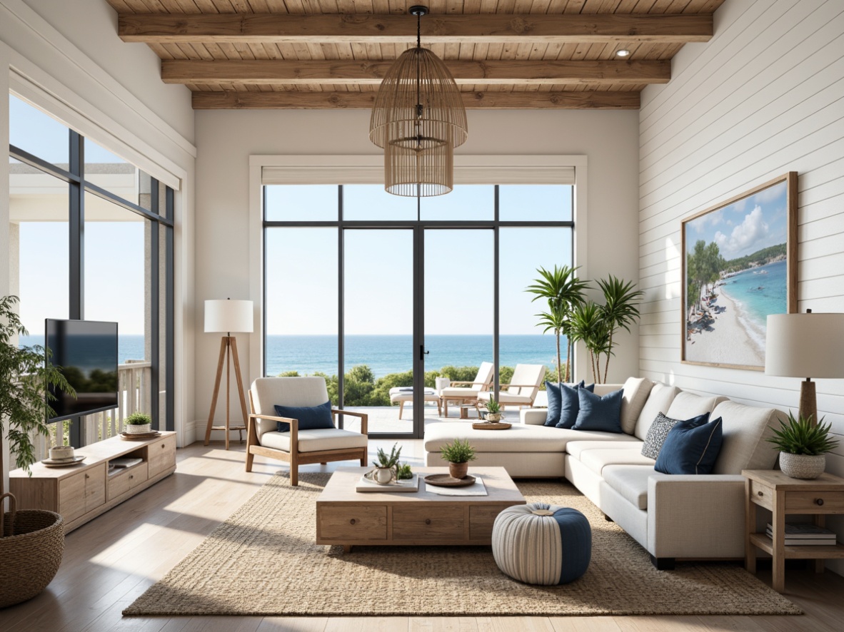 Prompt: Beachy coastal vibe, open floor plan, spacious living area, high ceilings, large windows, sliding glass doors, ocean views, natural light, airy atmosphere, driftwood accents, weathered wood furniture, nautical decor, soft blue and white color scheme, woven textiles, jute rugs, linen upholstery, shiplap wall details, rustic wooden beams, modern minimalist chandelier, pendant lighting, coastal-themed artwork, serene ambiance, warm sunny day, soft focus, 1/1 composition, realistic rendering.