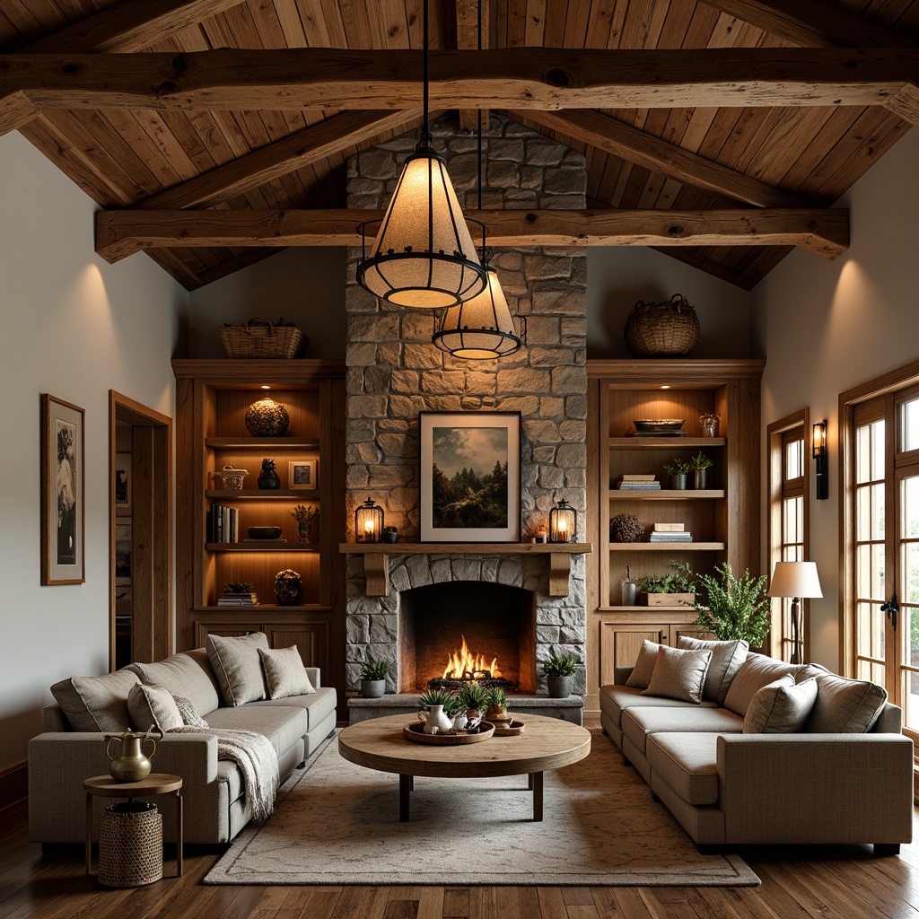 Prompt: Rustic family room, wooden beam ceiling, stone fireplace, earthy color palette, warm ambiance, vintage lighting fixtures, metal lanterns, distressed wood shades, candle-like chandeliers, natural linen textures, woven baskets, cozy throw blankets, plush area rugs, rustic wooden furniture, nature-inspired artwork, soft warm glow, 1/1 composition, intimate atmosphere, realistic wood grain, ambient occlusion.