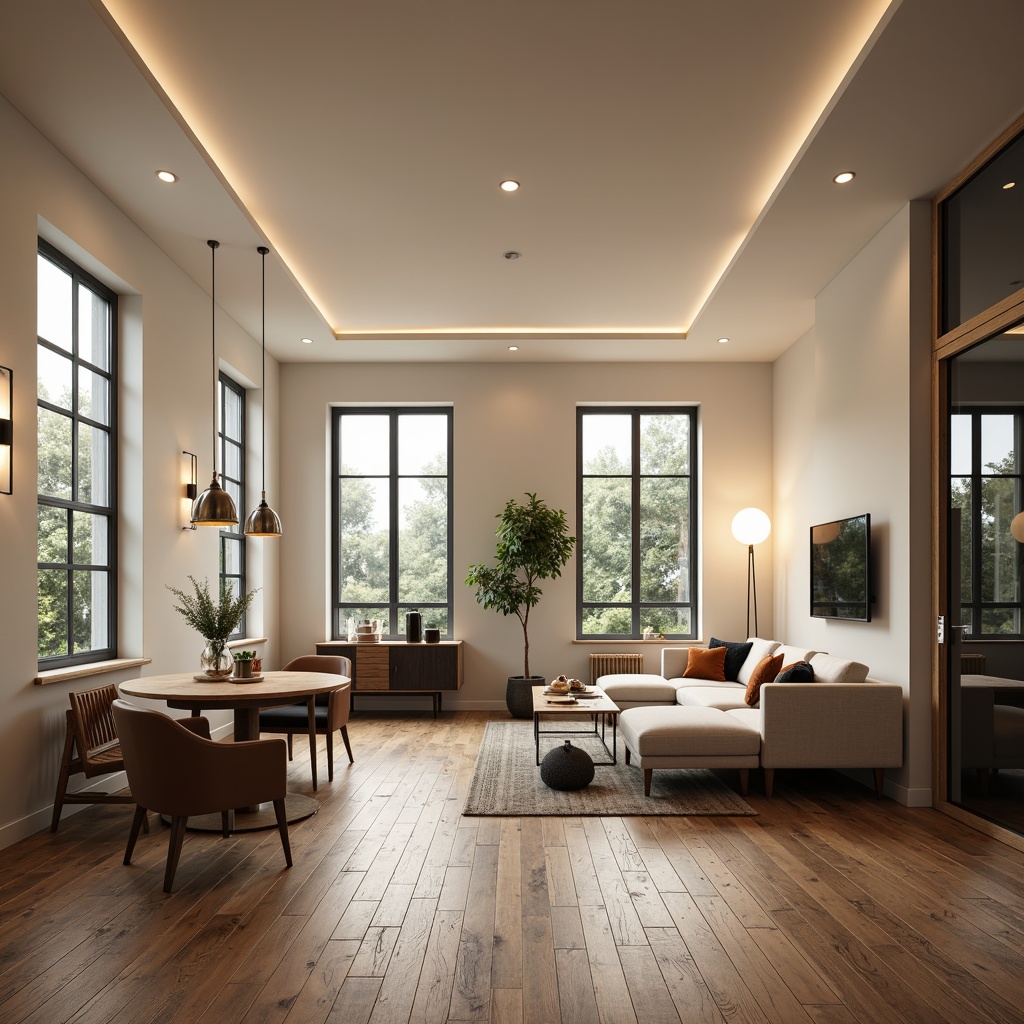 Prompt: Modern living room, sleek furniture, polished wooden floor, creamy white walls, floor-to-ceiling windows, natural daylight, warm ambient lighting, table lamps, pendant lights, recessed ceiling lights, LED strip lights, industrial-chic metal fixtures, Edison bulbs, soft warm glow, cozy atmosphere, 1/1 composition, shallow depth of field, realistic textures, ambient occlusion.