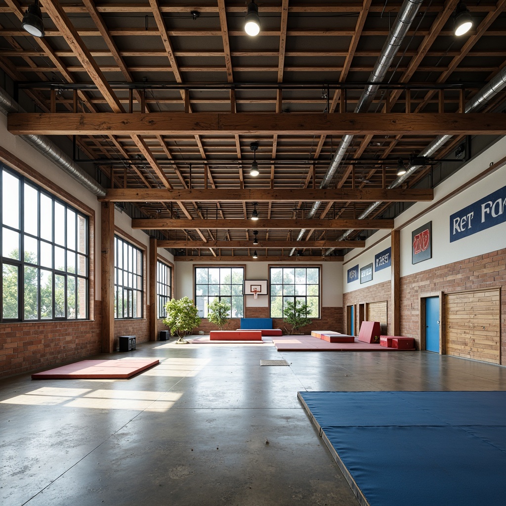 Prompt: Industrial-style gymnasium interior, exposed beams, metal trusses, polished concrete floors, rustic wooden accents, large windows, natural light, athletic equipment, basketball hoops, gymnastic mats, sports-themed decorations, modern industrial lighting fixtures, minimalist color scheme, functional layout, high ceilings, urban atmosphere, gritty textures, realistic render, 3/4 composition, shallow depth of field.