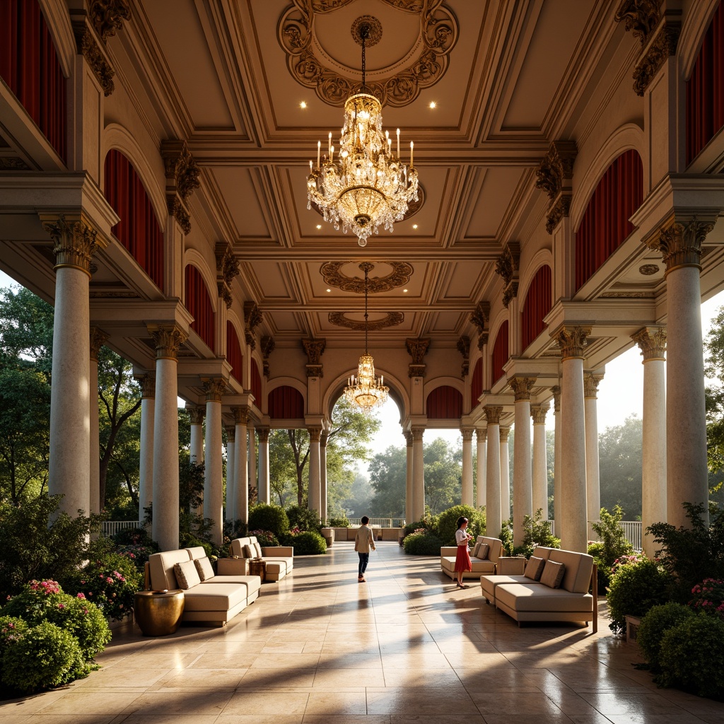 Prompt: Grand pavilion, classical architecture, ornate columns, intricately carved details, soft warm lighting, golden chandeliers, crystal droplets, majestic high ceilings, luxurious furnishings, rich velvet drapes, opulent marble floors, subtle ambient glow, dramatic spotlights, symmetrical composition, 1/1 ratio framing, realistic reflections, detailed textures, warm color palette, inviting atmosphere, serene natural surroundings, lush greenery, blooming flowers.