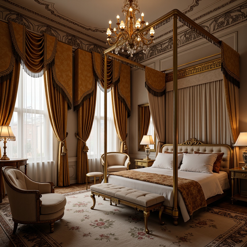 Prompt: Opulent boudoir, rich velvet fabrics, intricate gold embroidery, lavish silk drapes, ornate carved wood furniture, gilded mirror frames, crystal chandeliers, soft warm lighting, indulgent plush carpets, French Renaissance-inspired patterns, delicate lace trimmings, majestic four-poster beds, luxurious tufted upholstery, antique furnishings, elegant curved lines, romantic ambiance, warm beige colors, subtle sheen textures, 1/1 composition, intimate close-up shots, realistic fabric simulations.