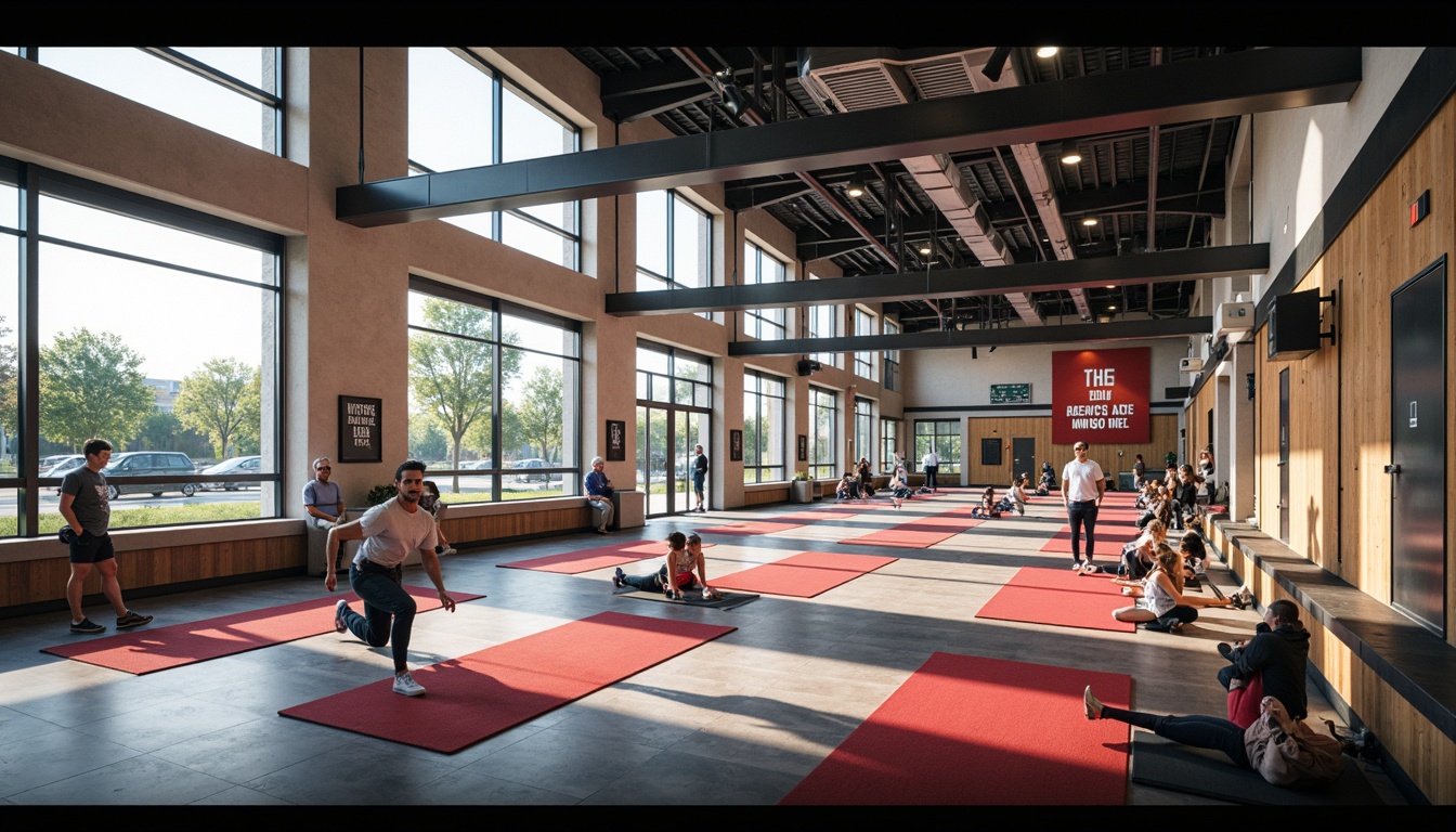 Prompt: Functional gymnasium interior, modern athletic equipment, sleek metal frames, vibrant colored mats, mirrored walls, high ceilings, natural ventilation systems, large windows, abundant daylight, soft warm lighting, shallow depth of field, 3/4 composition, realistic textures, ambient occlusion, open floor plan, spacious corridors, accessible storage rooms, functional locker rooms, state-of-the-art audio systems, motivational quotes, dynamic color schemes, futuristic architectural design.