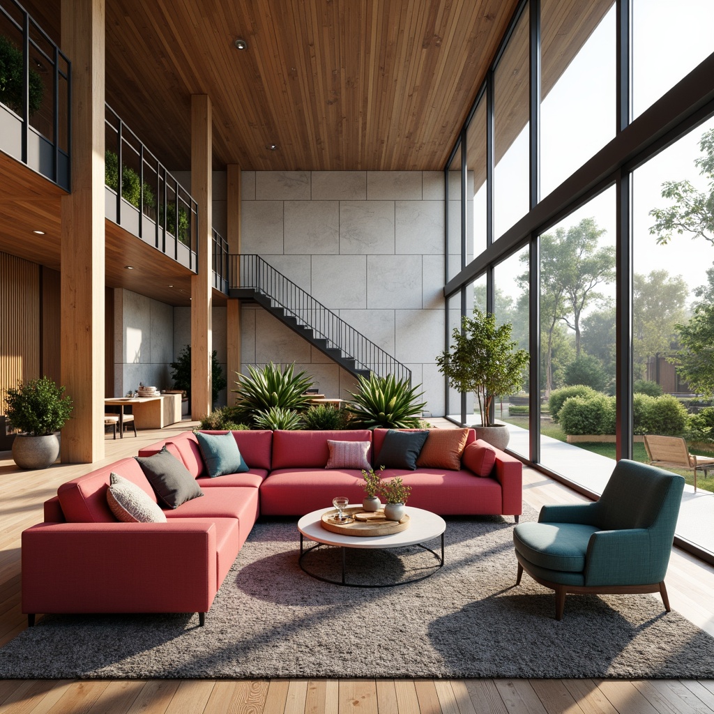 Prompt: Vibrant modern interior design, sleek color scheme, bold contrasting hues, pastel accents, monochromatic tones, rich textures, luxurious fabrics, metallic finishes, natural stone walls, wooden flooring, floor-to-ceiling windows, abundant natural light, soft warm ambiance, 1/1 composition, shallow depth of field, realistic render.