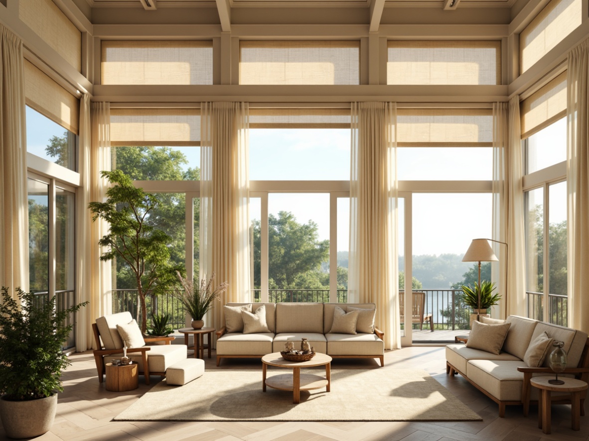 Prompt: Elegant sunroom interior, floor-to-ceiling windows, natural light, warm ambiance, stylish window treatments, flowing drapes, soft silk fabrics, subtle patterns, creamy white tones, minimalist decor, sleek metal hardware, modern roller shades, wooden blinds, natural woven fibers, tropical leaf motifs, airy atmosphere, bright sunny day, shallow depth of field, 1/1 composition, realistic textures, ambient occlusion.