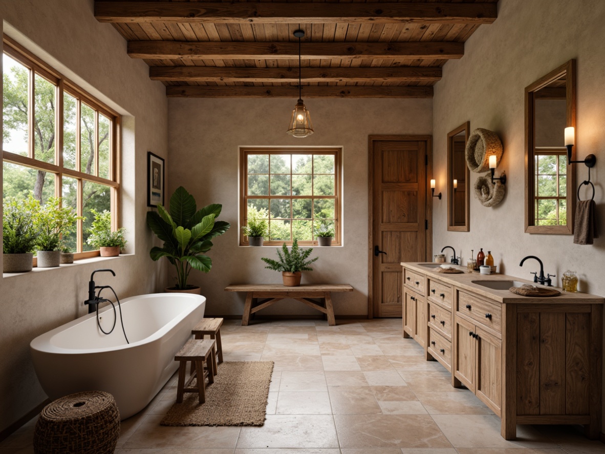 Prompt: Rustic bathroom, reclaimed wood accents, distressed wooden cabinets, earthy tone countertops, natural stone floors, wooden beam ceilings, vintage metal fixtures, soft warm lighting, warm beige color palette, organic textures, 1/1 composition, realistic rendering, ambient occlusion.