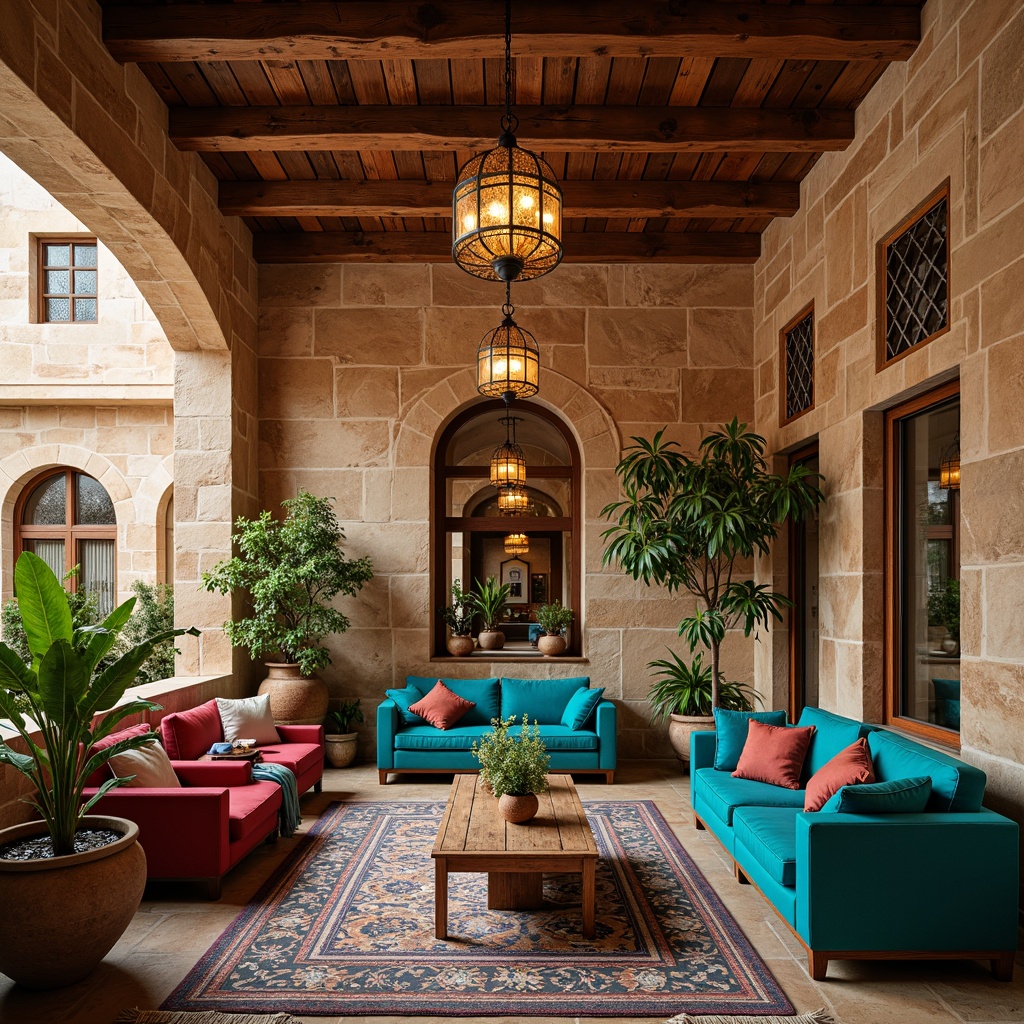 Prompt: Richly textured stone walls, warm earthy tones, ornate wooden ceiling beams, rustic metal chandeliers, plush velvet sofas, vibrant turquoise accents, intricate mosaic patterns, colorful Moroccan tiles, lush greenery, natural fiber rugs, exotic potted plants, distressed leather armchairs, ornamental mirrors, soft golden lighting, 1/1 composition, shallow depth of field, warm color palette, cozy intimate atmosphere.