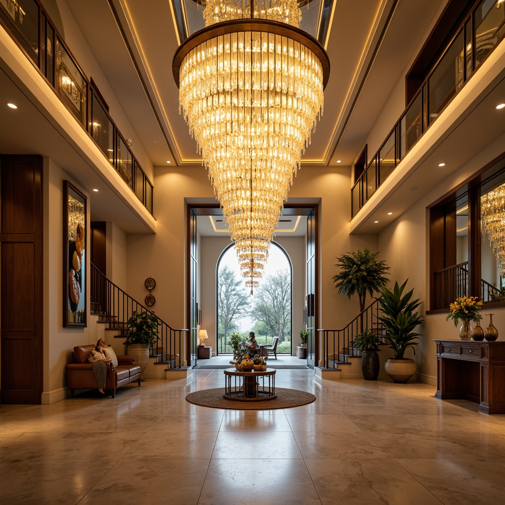 Prompt: Grand entrance, luxurious chandelier, crystal drops, warm golden lighting, modern foyer, high ceiling, marble floor, ornate mirrors, elegant console table, sophisticated decor, soft ambient glow, warm white LED lights, recessed lighting, indirect illumination, dramatic shadows, grand staircase, opulent textiles, rich wood tones.