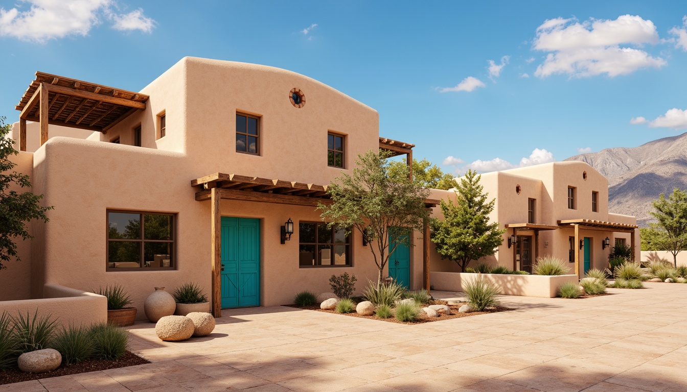 Prompt: Adobe-style earth-toned buildings, curved lines, stucco exteriors, wooden accents, terra cotta roofs, ornate metalwork, vibrant turquoise doors, rustic wooden beams, natural stone walls, Southwestern patterns, geometric motifs, warm sandy colors, desert landscapes, clear blue skies, vast open spaces, Pueblo-inspired architecture, earthenware pottery, woven textiles, colorful tapestries, ambient lighting, soft shadows, 3/4 composition, realistic textures, subtle depth of field.