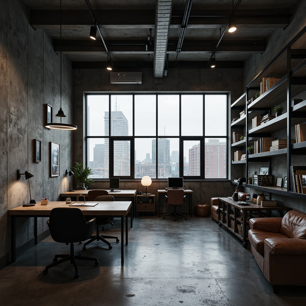 Prompt: Raw concrete walls, industrial metal shelving, rugged wooden desks, minimalist task lighting, brutalist architectural elements, monochromatic color scheme, dark grey tones, bold black accents, weathered steel furniture, distressed leather upholstery, exposed ductwork, urban cityscape views, overcast day, high-contrast dramatic lighting, cinematic composition, realistic textures, ambient occlusion.