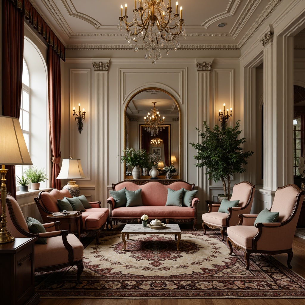 Prompt: Elegant living room, high ceiling, ornate moldings, crystal chandelier, luxurious velvet sofa, carved wooden armchairs, marble coffee table, intricately patterned rug, neoclassical columns, subtle golden accents, rich wood tones, soft warm lighting, 3/4 composition, shallow depth of field, realistic textures, ambient occlusion.