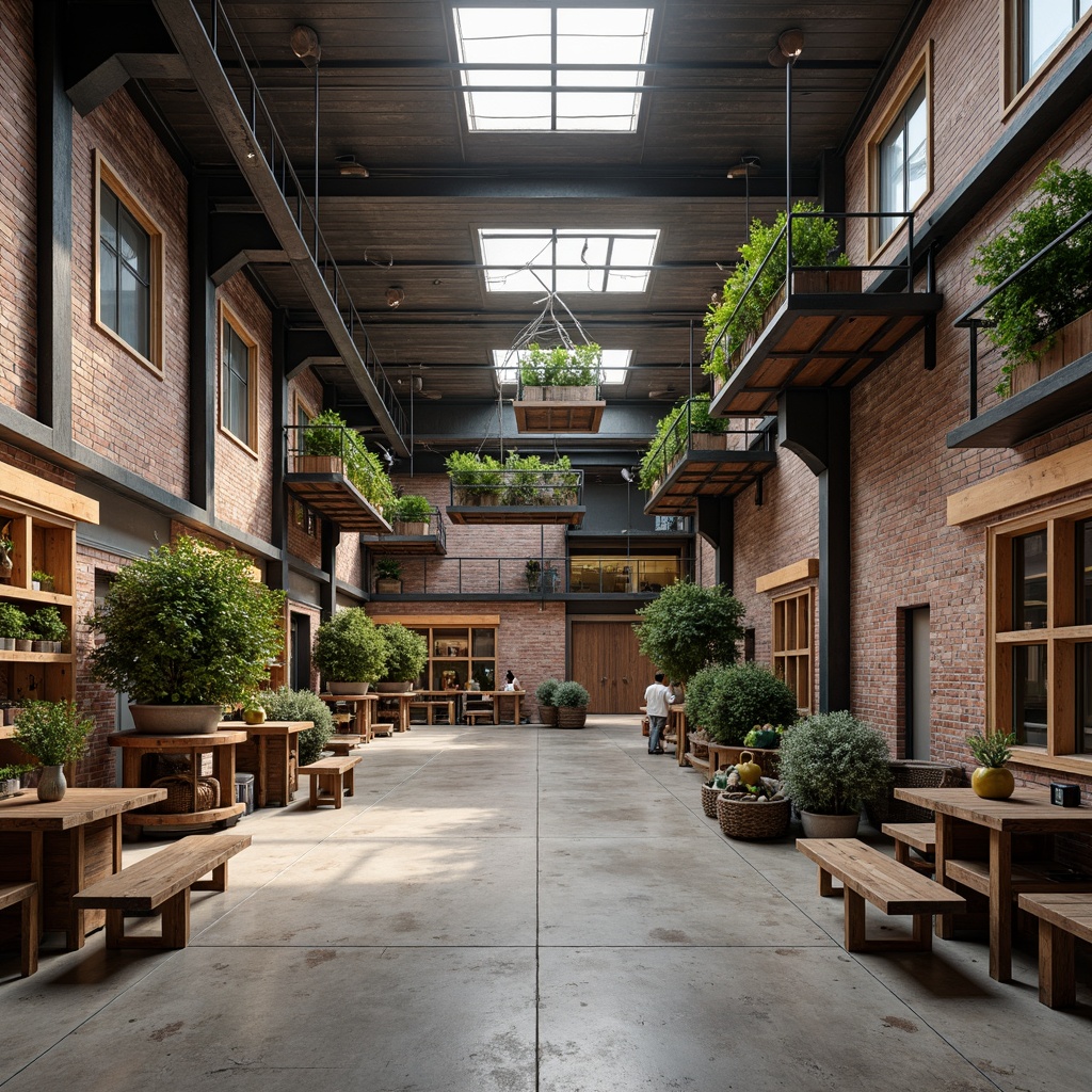 Prompt: Industrial warehouse interior, exposed brick walls, metal beams, polished concrete floors, reclaimed wood accents, minimalist decor, functional shelving units, eclectic machinery displays, vintage factory equipment, distressed finishes, artificial lighting, warm color palette, urban loft atmosphere, open floor plan, flexible modular layout, adaptive reuse concept, maximized storage capacity, efficient logistics systems, vertical farming installations, aerial walkways, industrial chic aesthetic, modernist architectural influences.