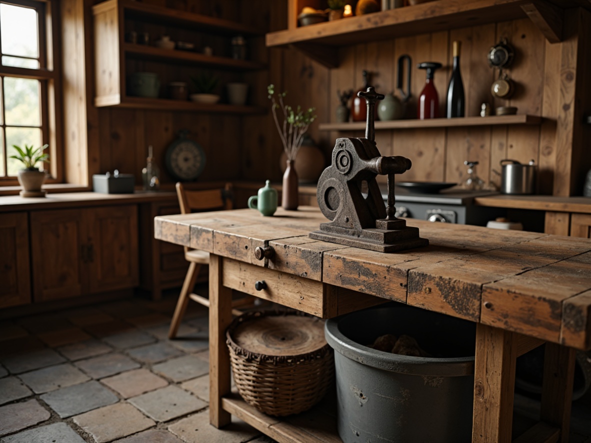 Prompt: Rustic wooden workbench, distressed metal vise, traditional craftsmanship, ornate carvings, rich wood tones, warm lighting, nostalgic atmosphere, vintage toolsets, wooden cabinets, metal drawers, worn stone flooring, earthy color palette, cozy nooks, natural textures, soft shadows, shallow depth of field, 2/3 composition, realistic render, atmospheric perspective.