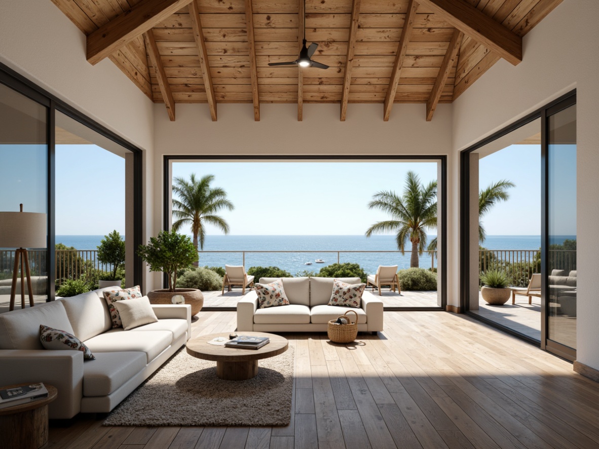 Prompt: Coastal style home, open floor plan, airy atmosphere, high ceilings, large windows, sliding glass doors, ocean views, beachy vibe, natural textures, reclaimed wood floors, driftwood accents, soft blue hues, calming color palette, modern minimalism, functional layout, spacious living areas, comfortable furnishings, plush area rugs, nautical decorative elements, shell-inspired accessories, coral-patterned textiles, tropical plants, sunny day, soft warm lighting, shallow depth of field, 3/4 composition, panoramic view, realistic textures, ambient occlusion.