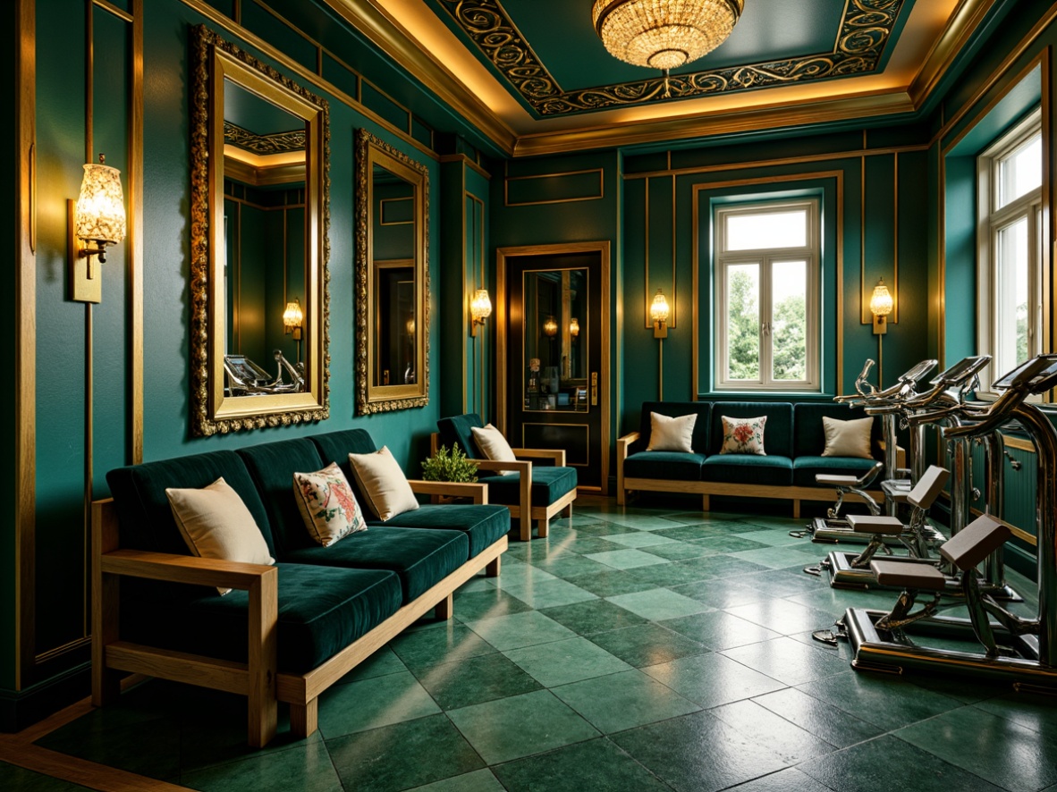 Prompt: Luxurious home gym, Art Deco style, rich jewel tones, emerald green walls, golden metallic accents, bold geometric patterns, ornate mirrors, luxurious velvet upholstery, polished chrome equipment, vintage-inspired fitness machines, lavish crystal chandeliers, high-contrast lighting, dramatic shadows, opulent textiles, sophisticated color blocking, 2/3 composition, cinematic atmosphere, realistic reflections, intricate details.