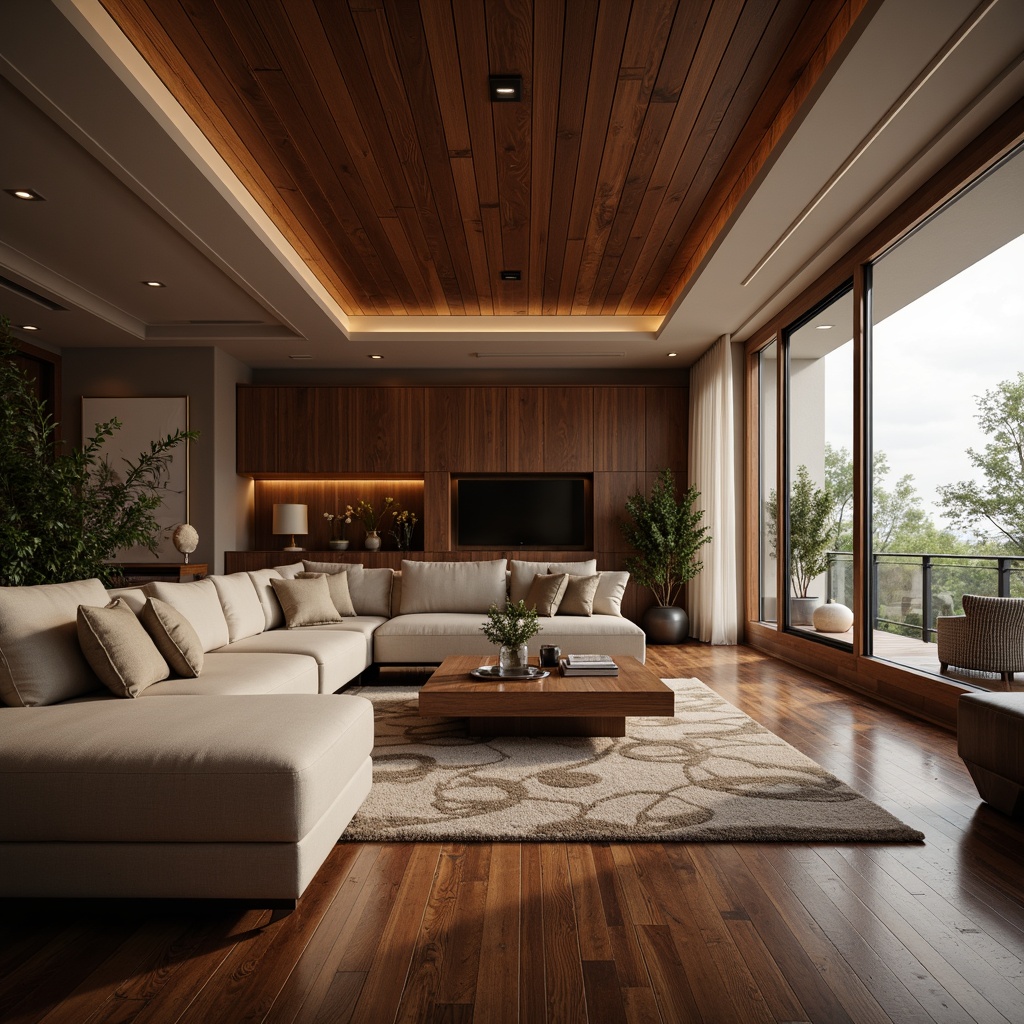 Prompt: Luxurious living room, polished hardwood floors, rich walnut wood tone, high-gloss finish, sophisticated ambiance, modern interior design, comfortable seating area, plush area rug, elegant coffee table, ambient lighting, 3/4 composition, shallow depth of field, warm color palette, soft natural textures, realistic reflections.