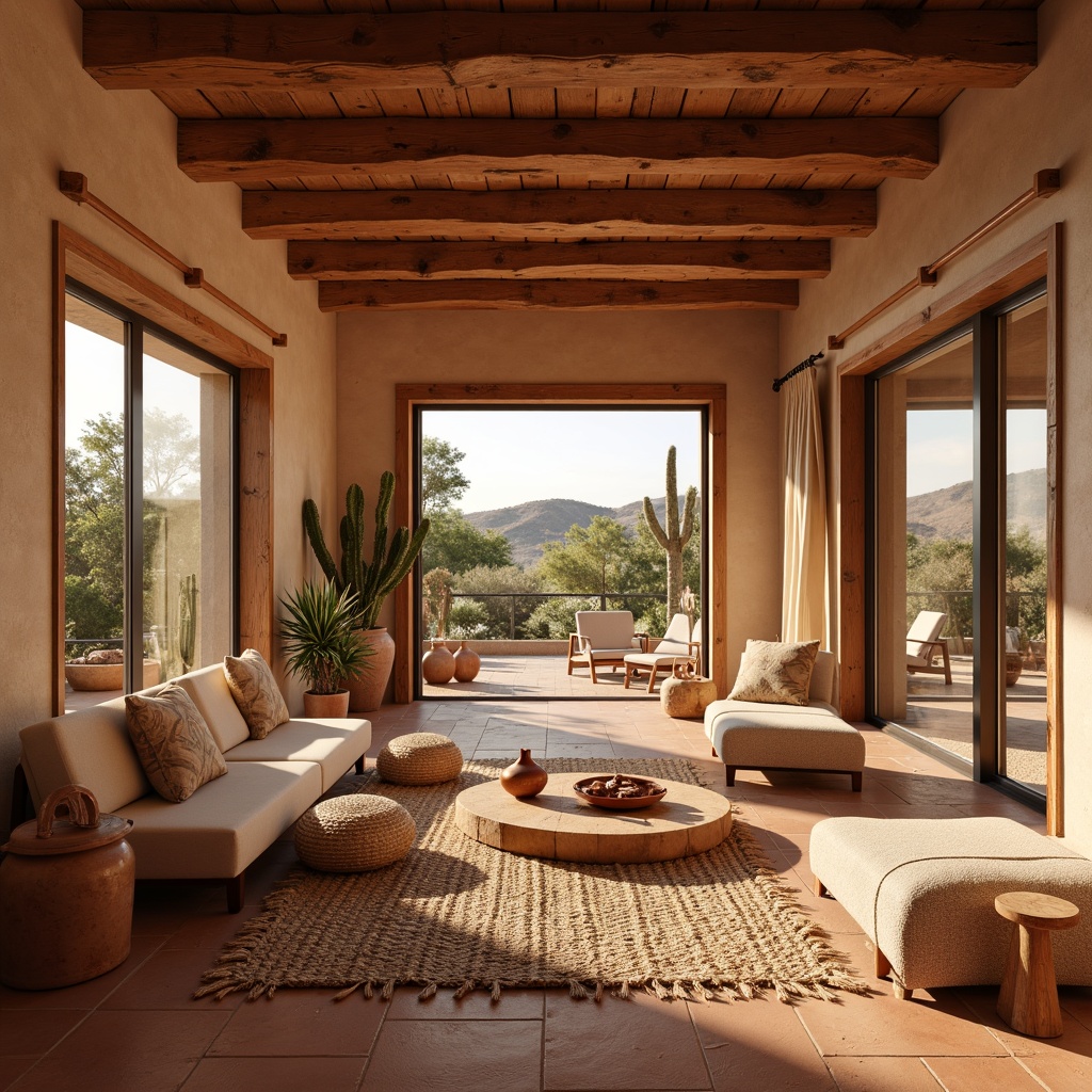 Prompt: Vibrant southwestern interior, warm natural light, earthy tone walls, rustic wooden beams, terracotta flooring, plush Native American-inspired textiles, woven baskets, clay pottery, cacti plants, arid landscape views, large windows, sliding glass doors, minimal ornamentation, organic shapes, cozy reading nooks, comfortable lounge seating, warm beige color palette, soft ambient lighting, shallow depth of field, 1/2 composition, realistic textures, atmospheric perspective.